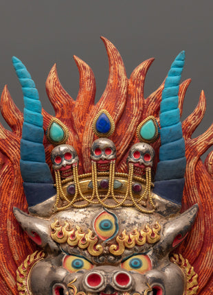 Yamantaka Buddhist Protector Deity Wall Hanging | Silver & Gold-Plated Tibetan Mask