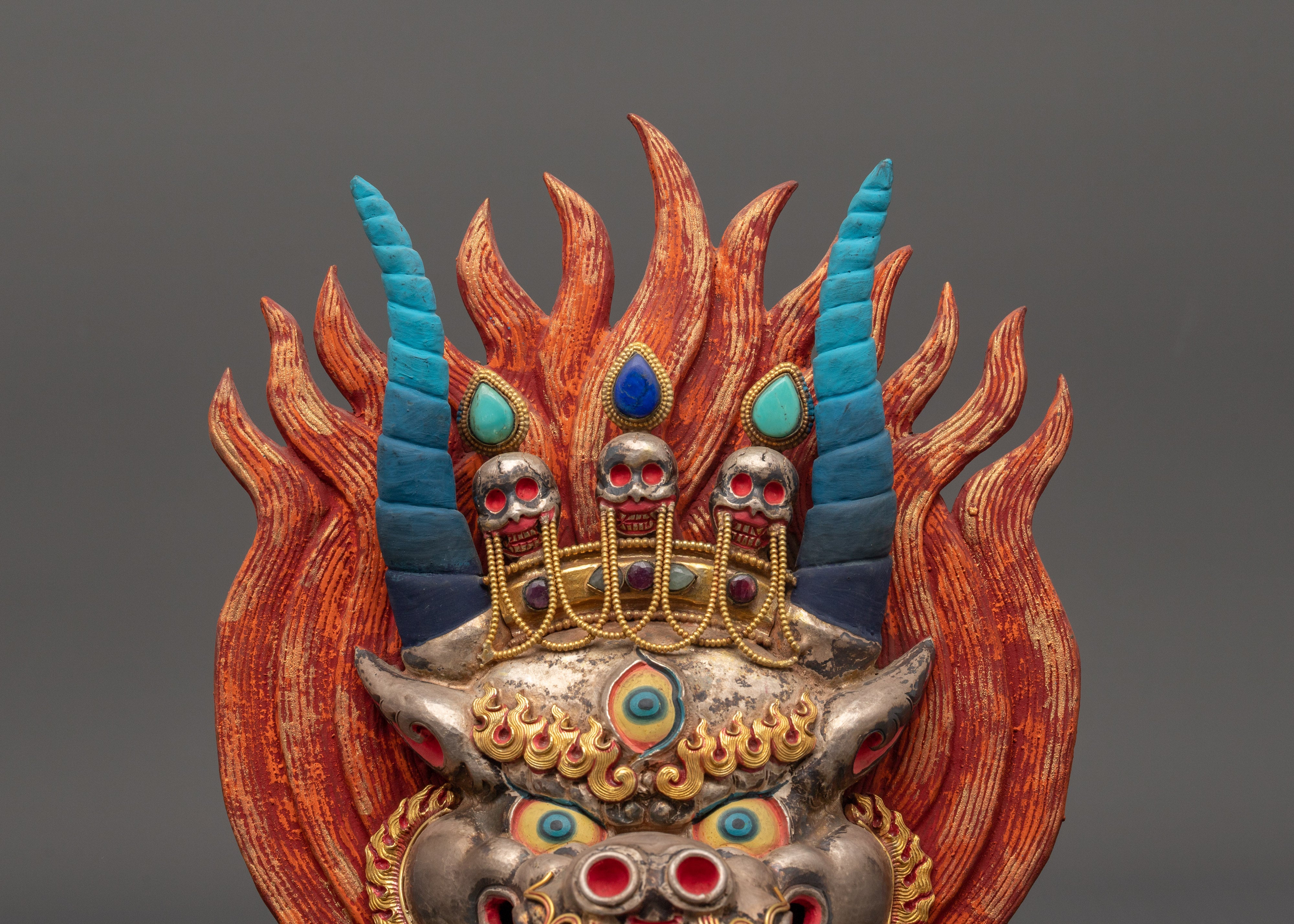 Yamantaka Buddhist Protector Deity Wall Hanging | Silver & Gold-Plated Tibetan Mask