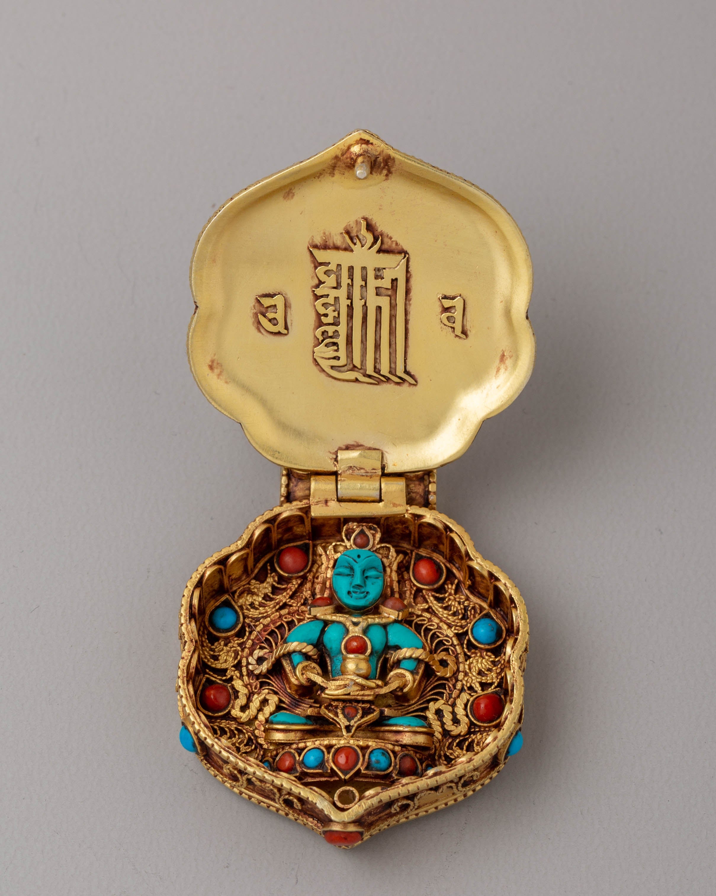 Handcrafted Manjushri Ghau Box Locket | Gold Plated with Coral & Turquoise