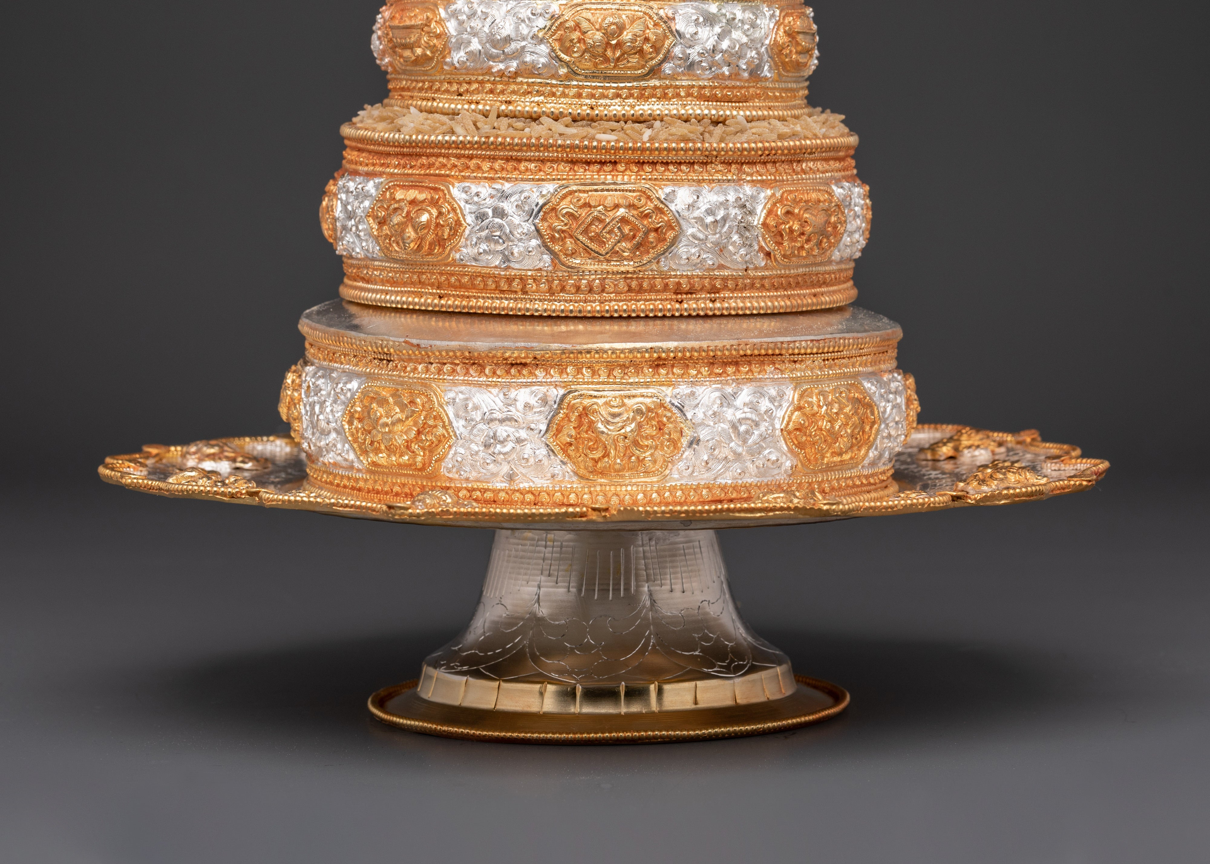 Handcrafted Tibetan Mandala Offering Set | Gold & Silver Ritual Sculpture
