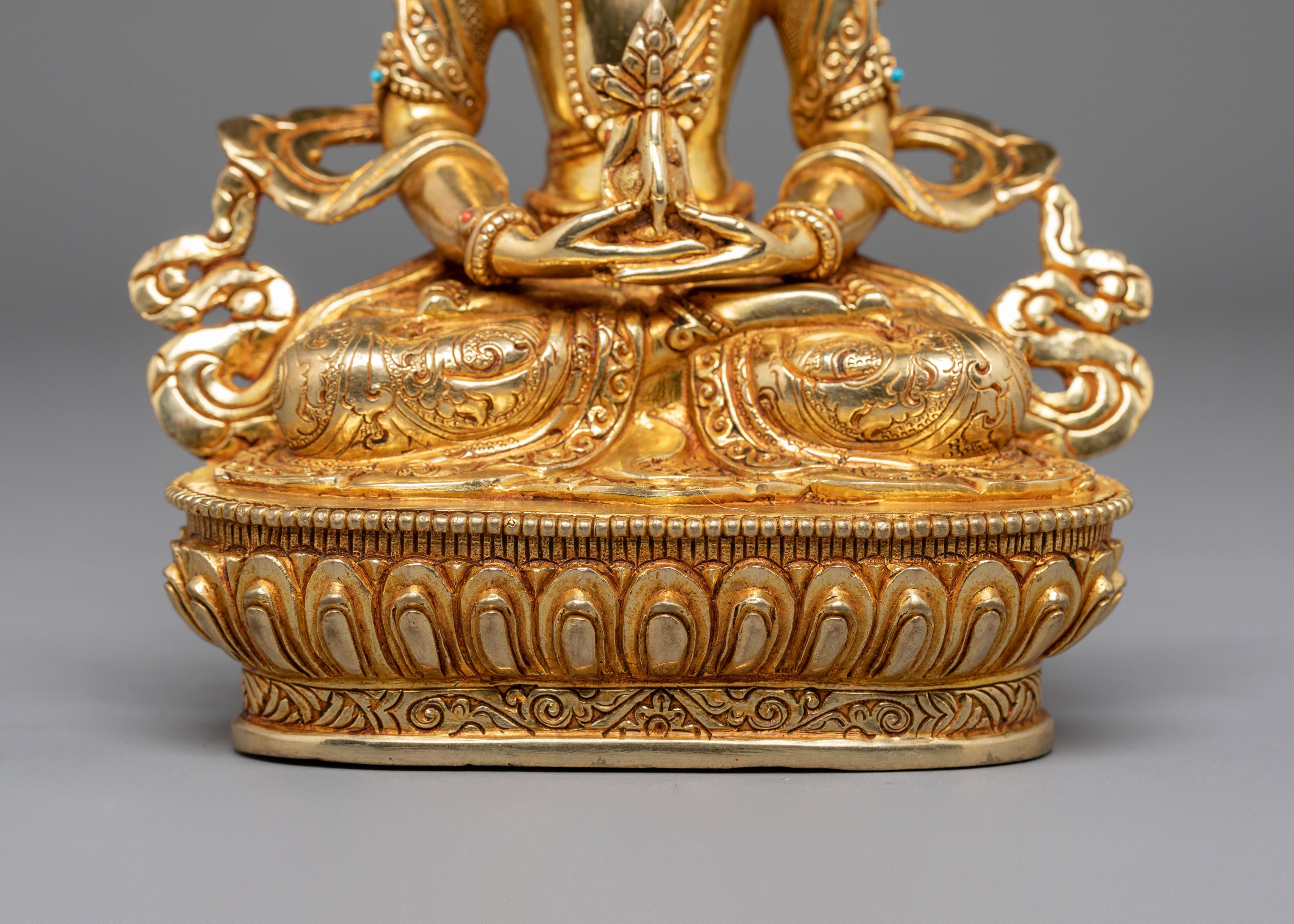 Sacred Amitayus Buddha Statue | Gold Plated Sculpture with Coral & Turquoise