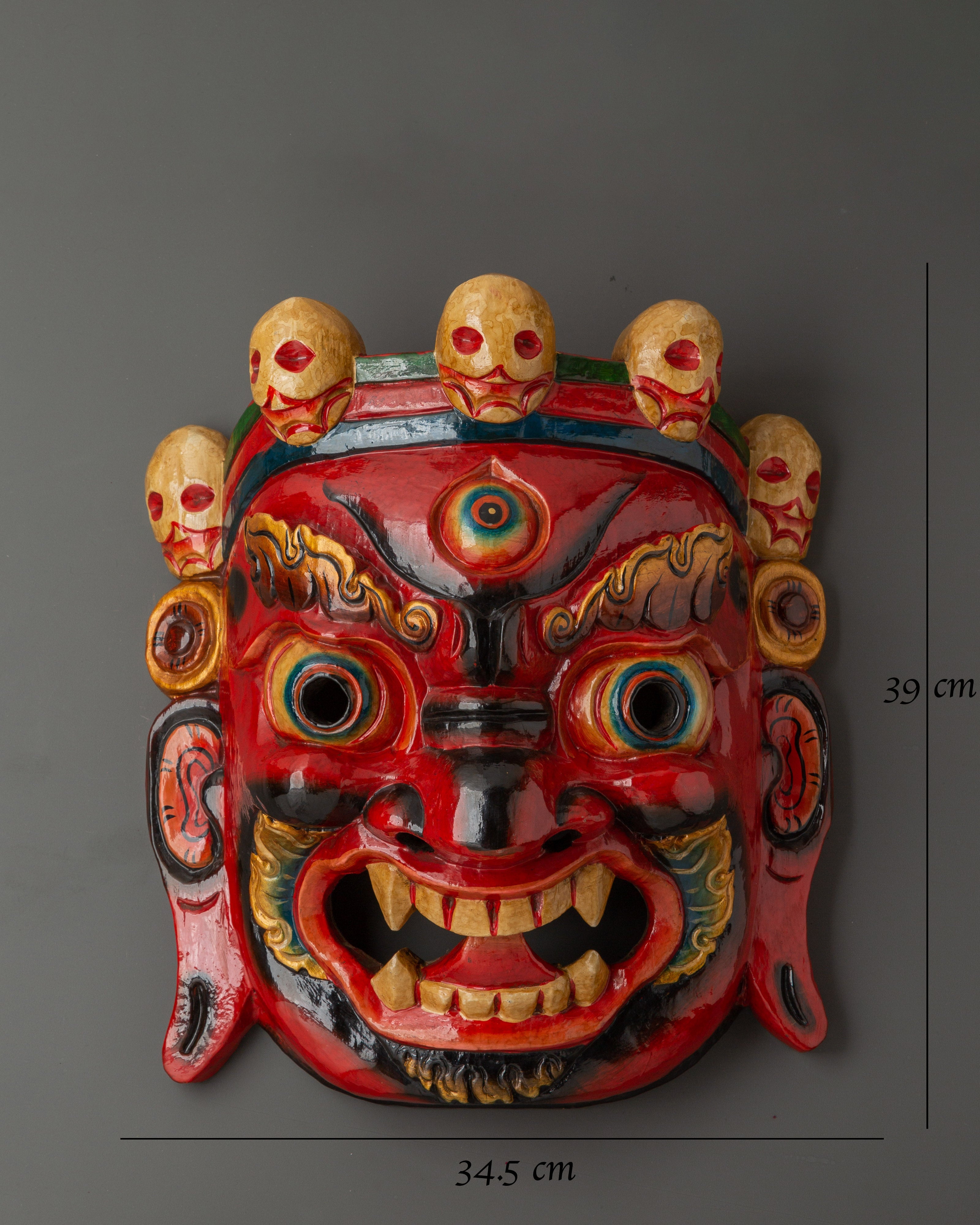 Fierce Mahakala Wall Mask in Bold Painted Wood | Tibetan Guardian Deity