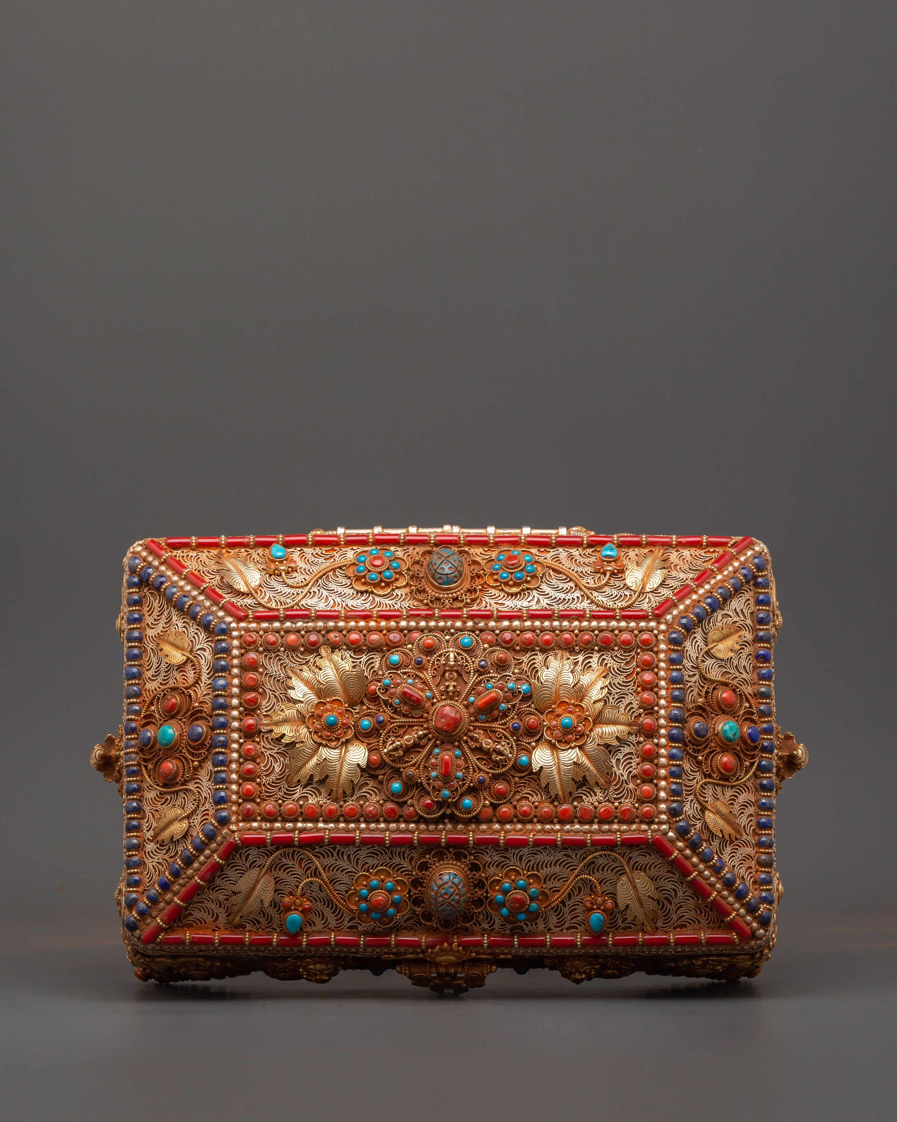 Tibetan Treasure Box with Turquoise and Coral | Buddhist Decor