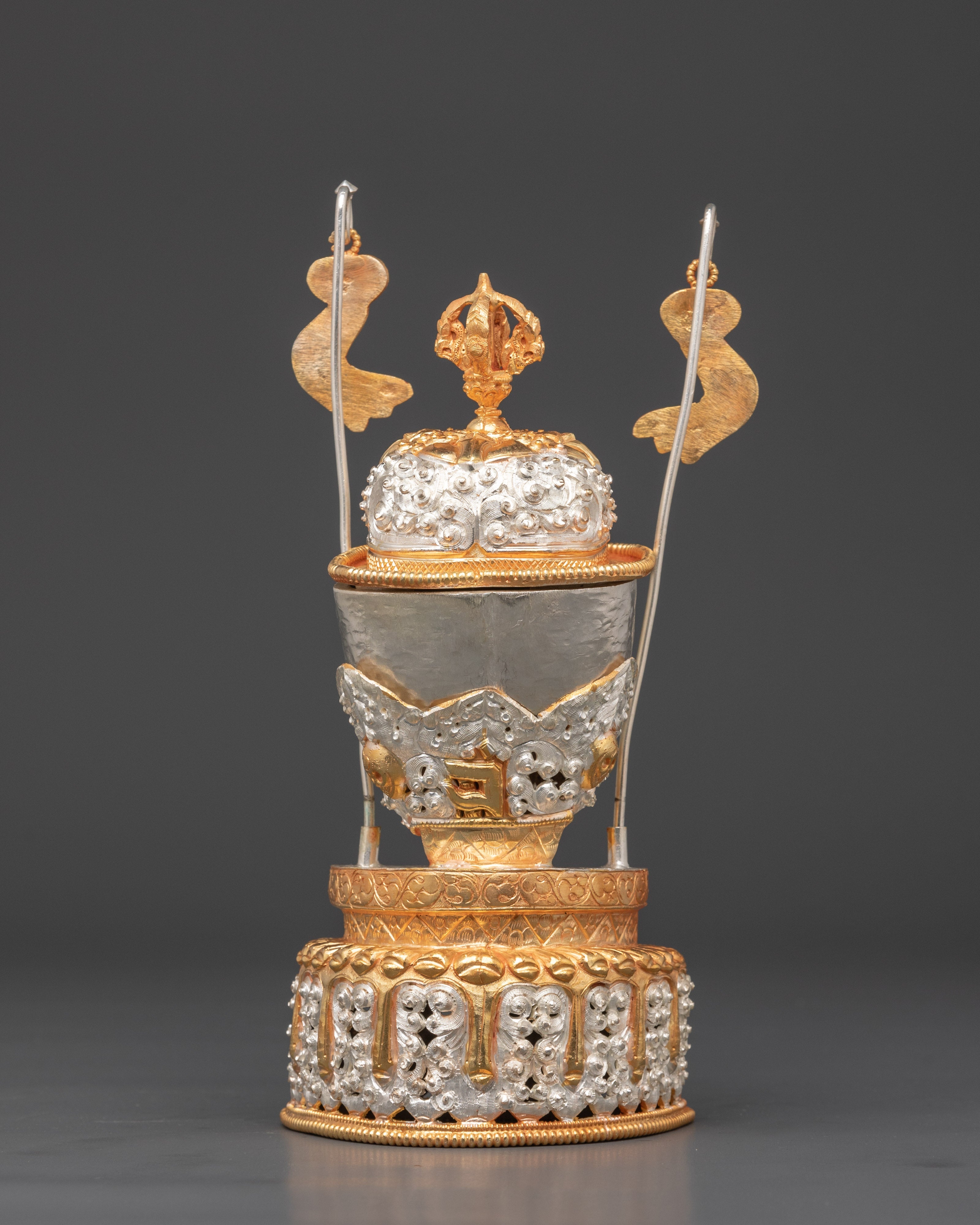 Handmade Silver Plated Kapala | Copper Skull Cup with Auspicious Symbols