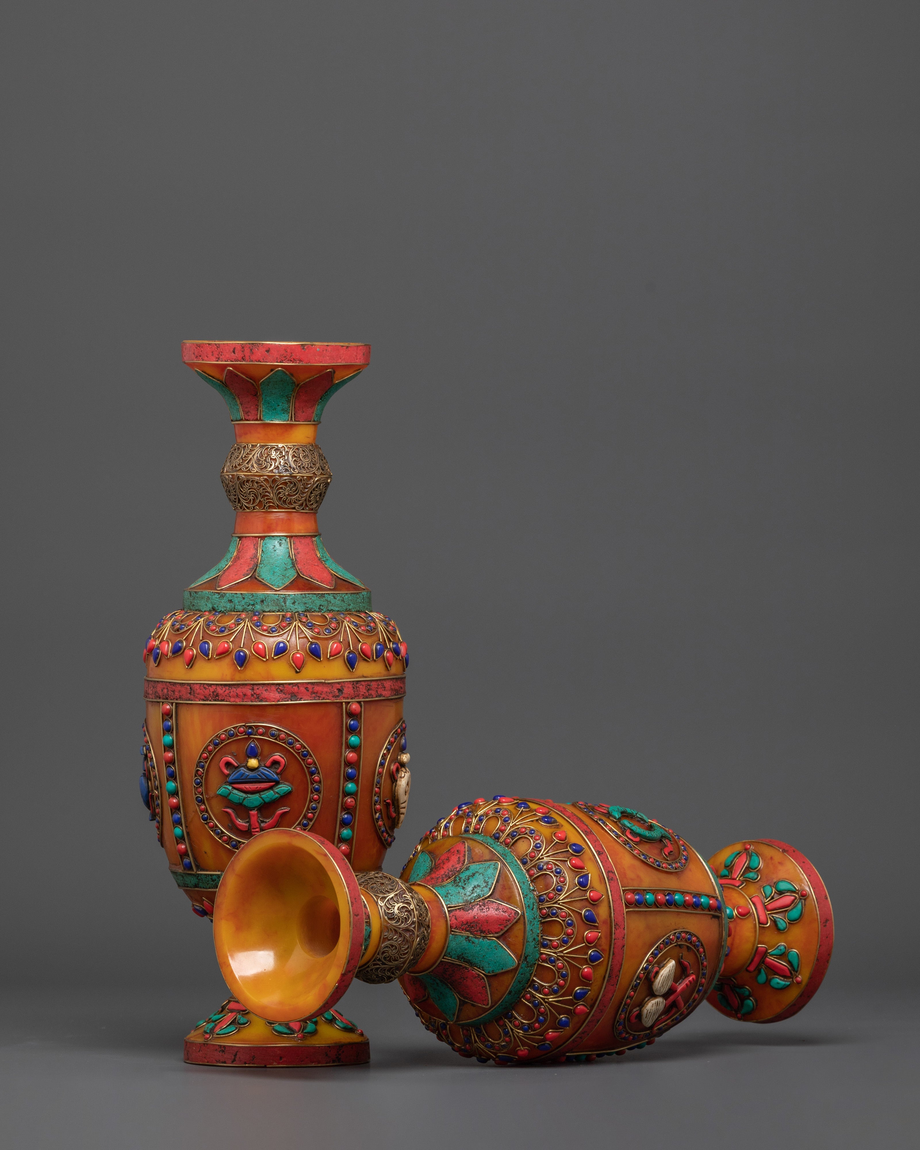 Buddhist Flower Vase Set for Decor | Coral, and Turquoise Stones