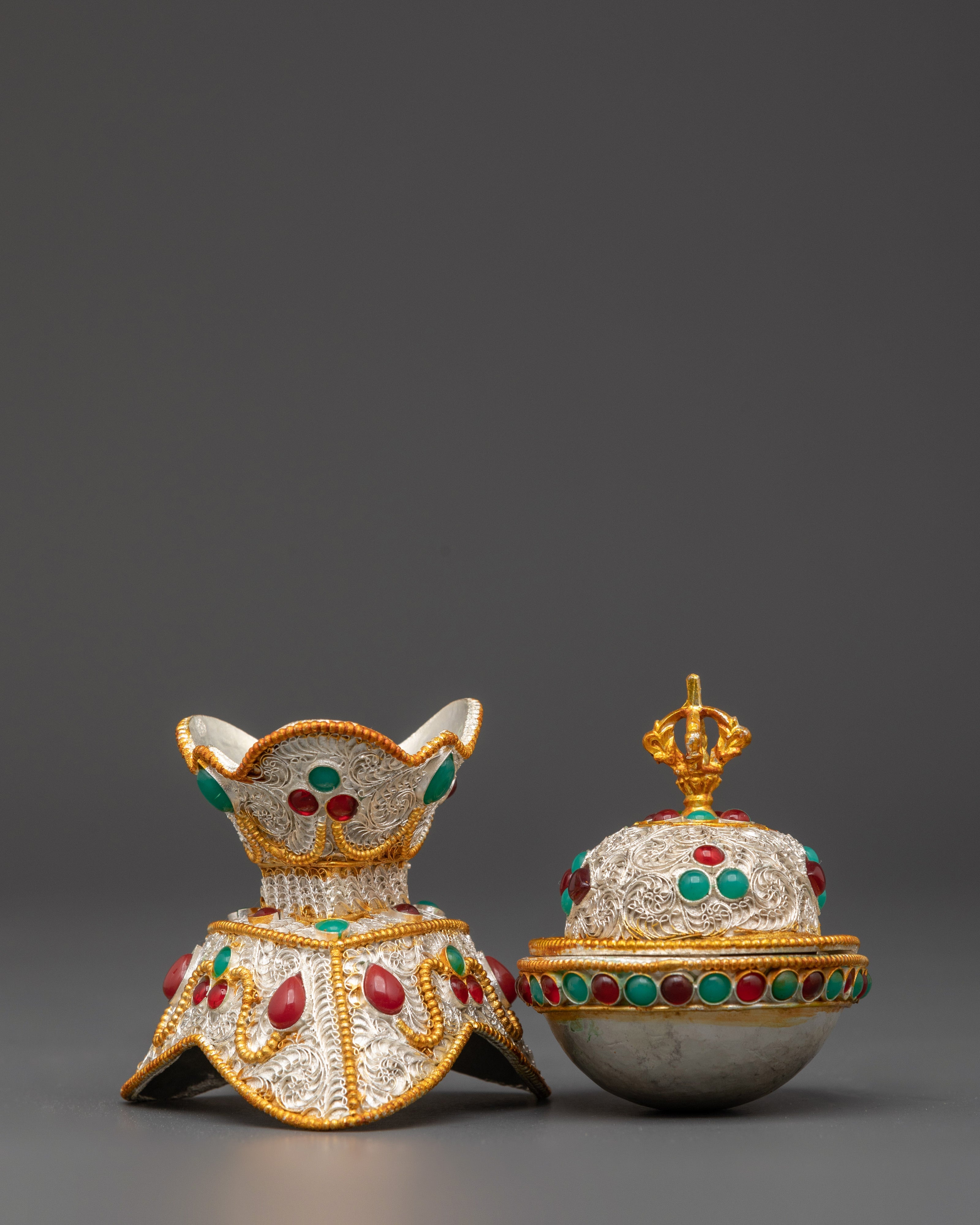 Silver and Gold Plated Kapala Set | Tibetan Ritual Tool for Altar