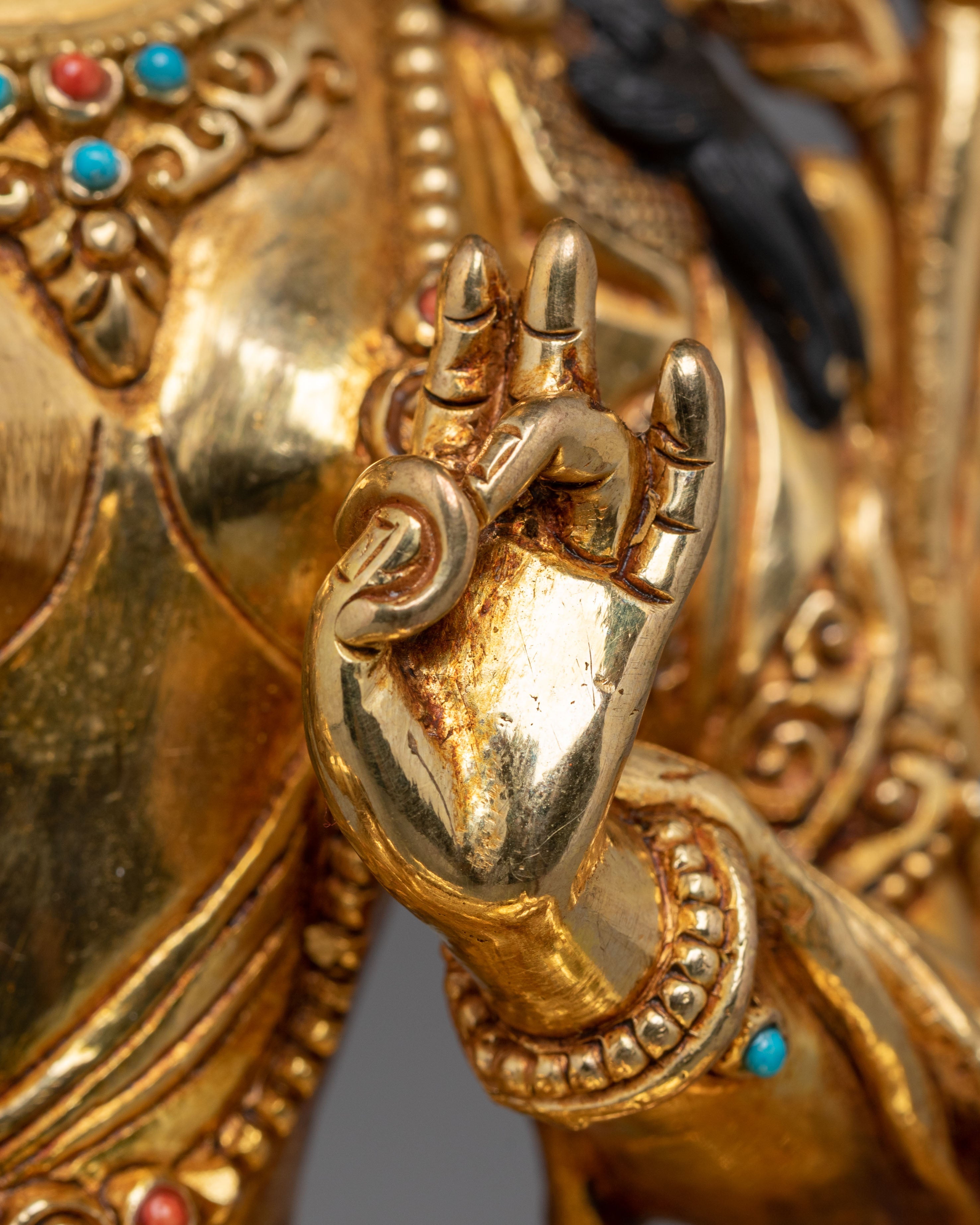 Mother Shyama Tara Sacred Statue | Gold Plated Copper Sculpture with Coral & Turquoise