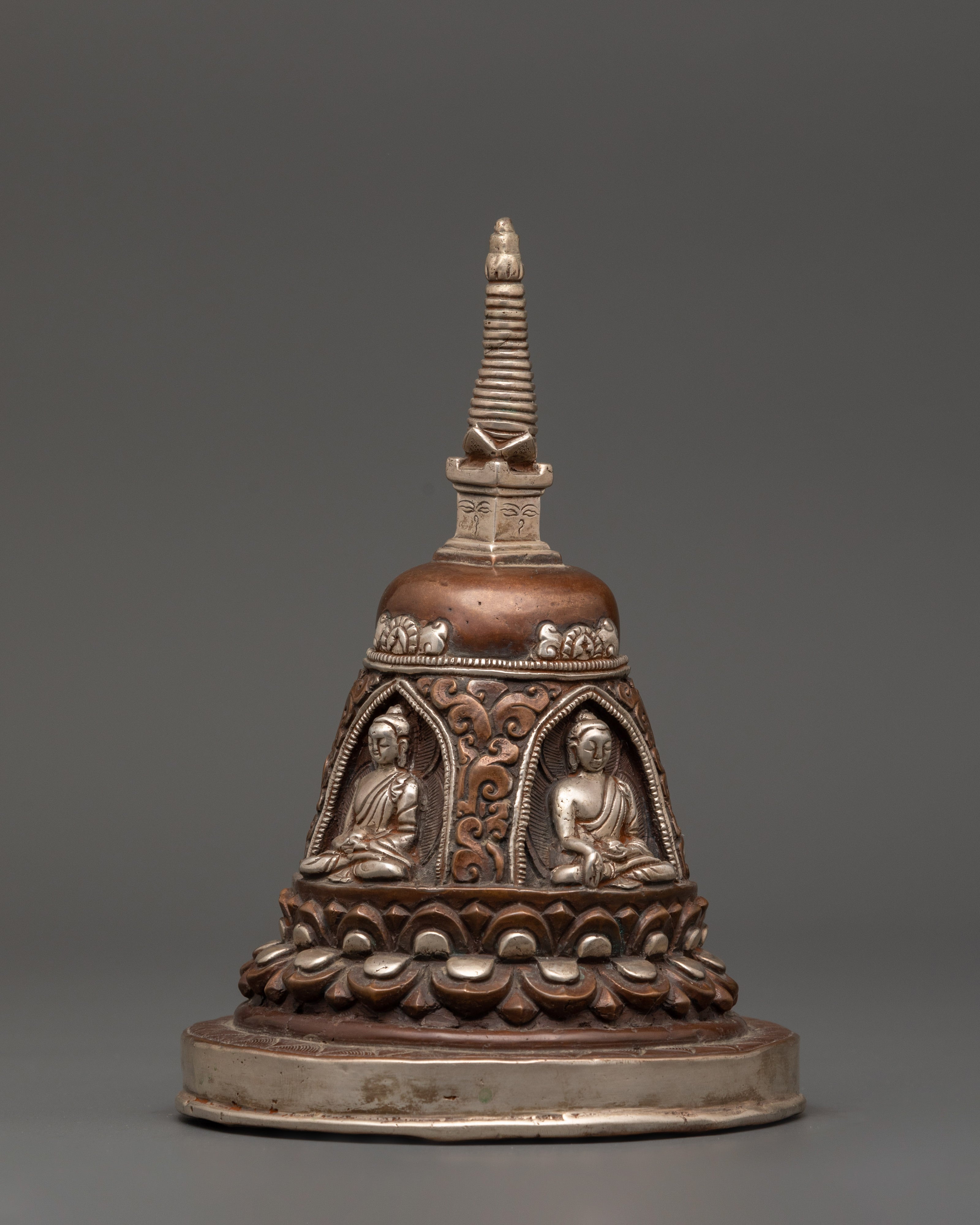 Lotus Moon Disc Engraved Buddha Stupa | Handcrafted Tibetan Stupa