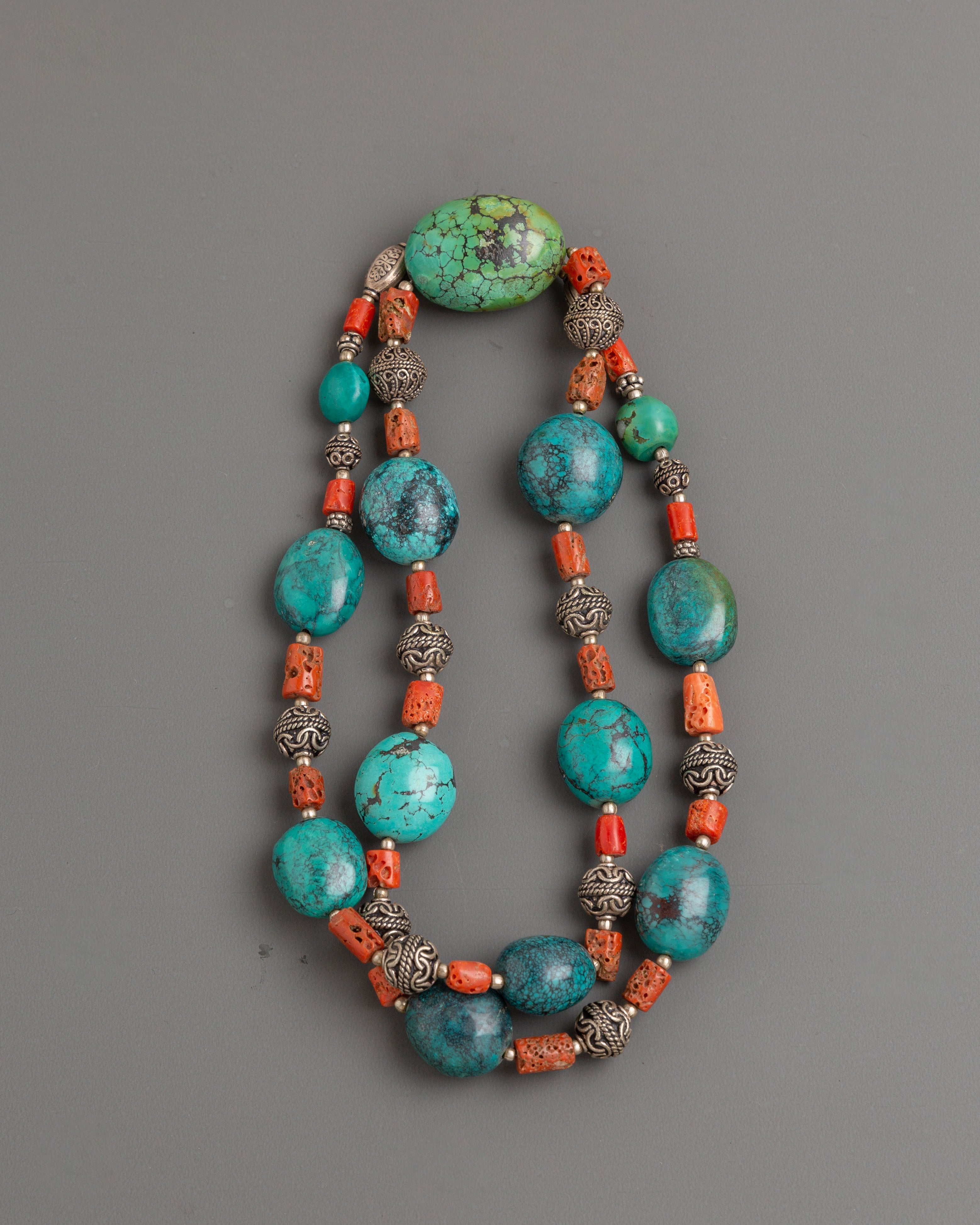 Sacred Turquoise Coral Beaded Mala | Tibetan Prayer Beads Silver Jewelry