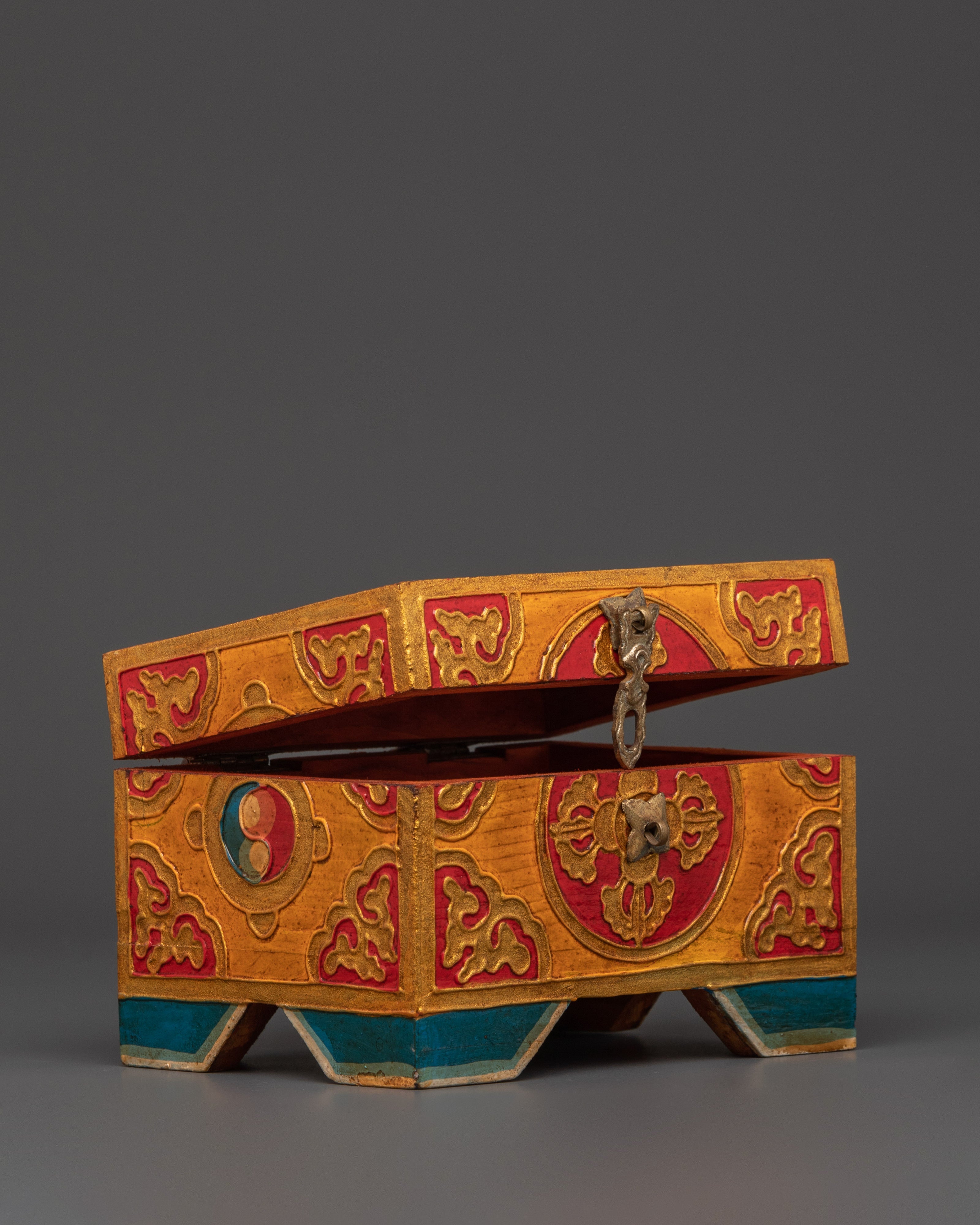 Hand Painted Tibetan Treasure Box | Yellow Red Wood Chest with Cloud Motifs