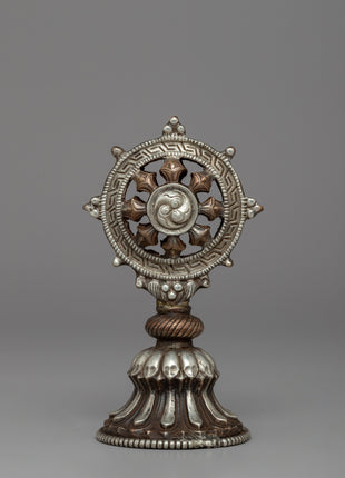 Silver-Plated Buddhist Dharma Wheel & Deer Set | Sacred Buddhist Symbol