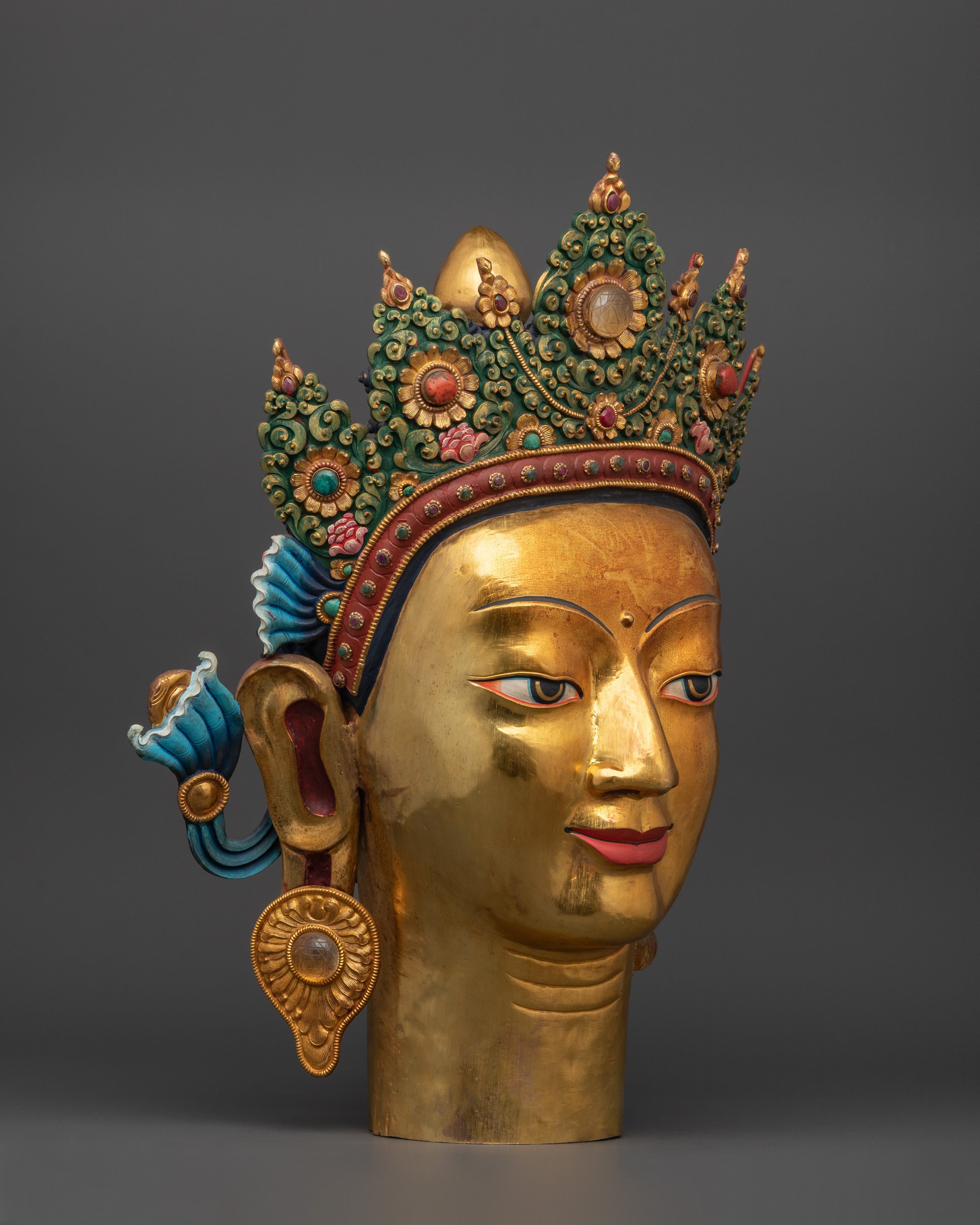Gold-Plated Crowned Buddha Head | Himalayan Altar Decor