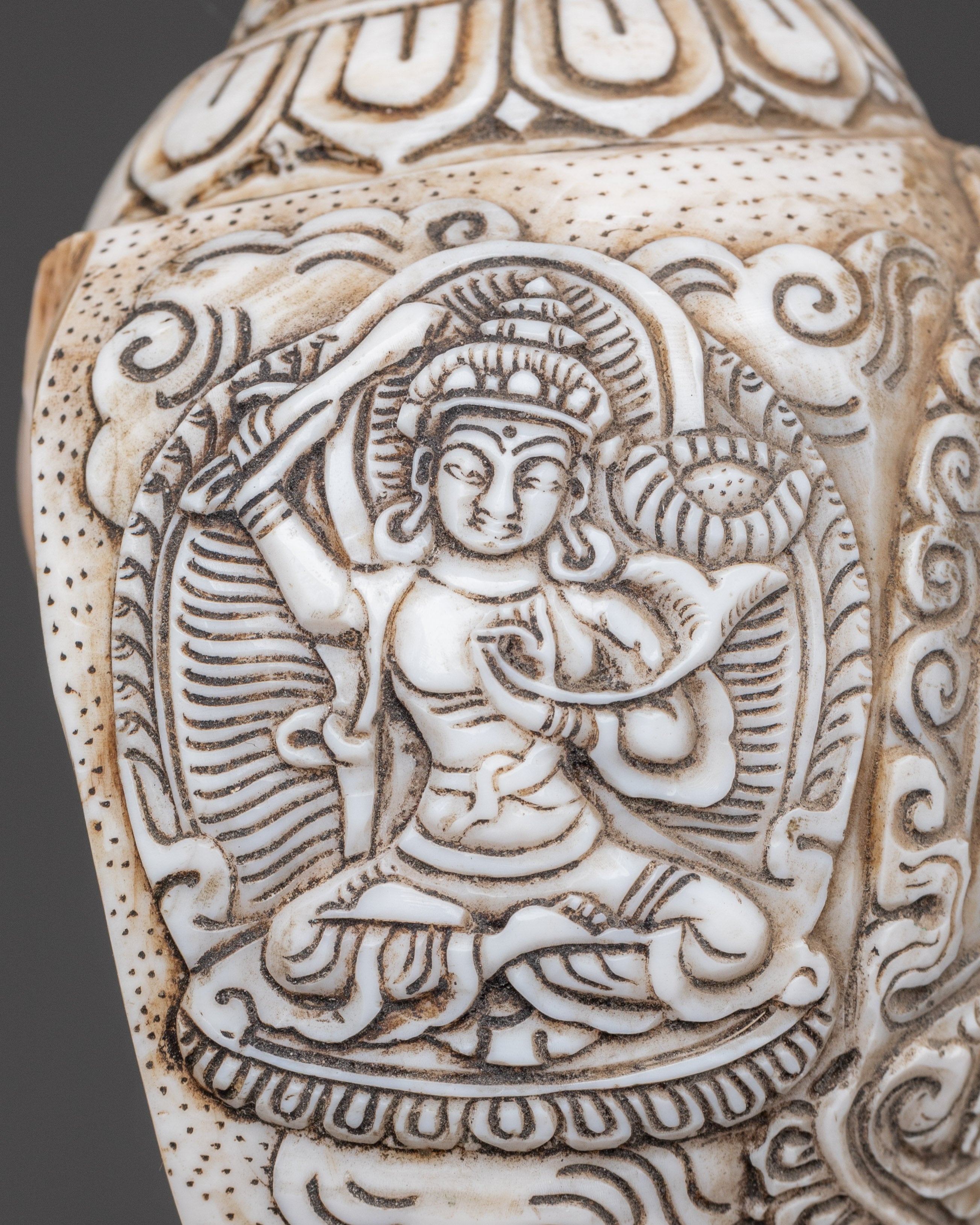 Hand carved Avalokiteshvara Design Conch Shell | Sacred Buddhist Spiritual Artifact