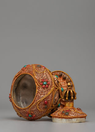 Crystal Dhupur Rice Pot | Handcrafted Copper Pot with Filigree and Gold Plating