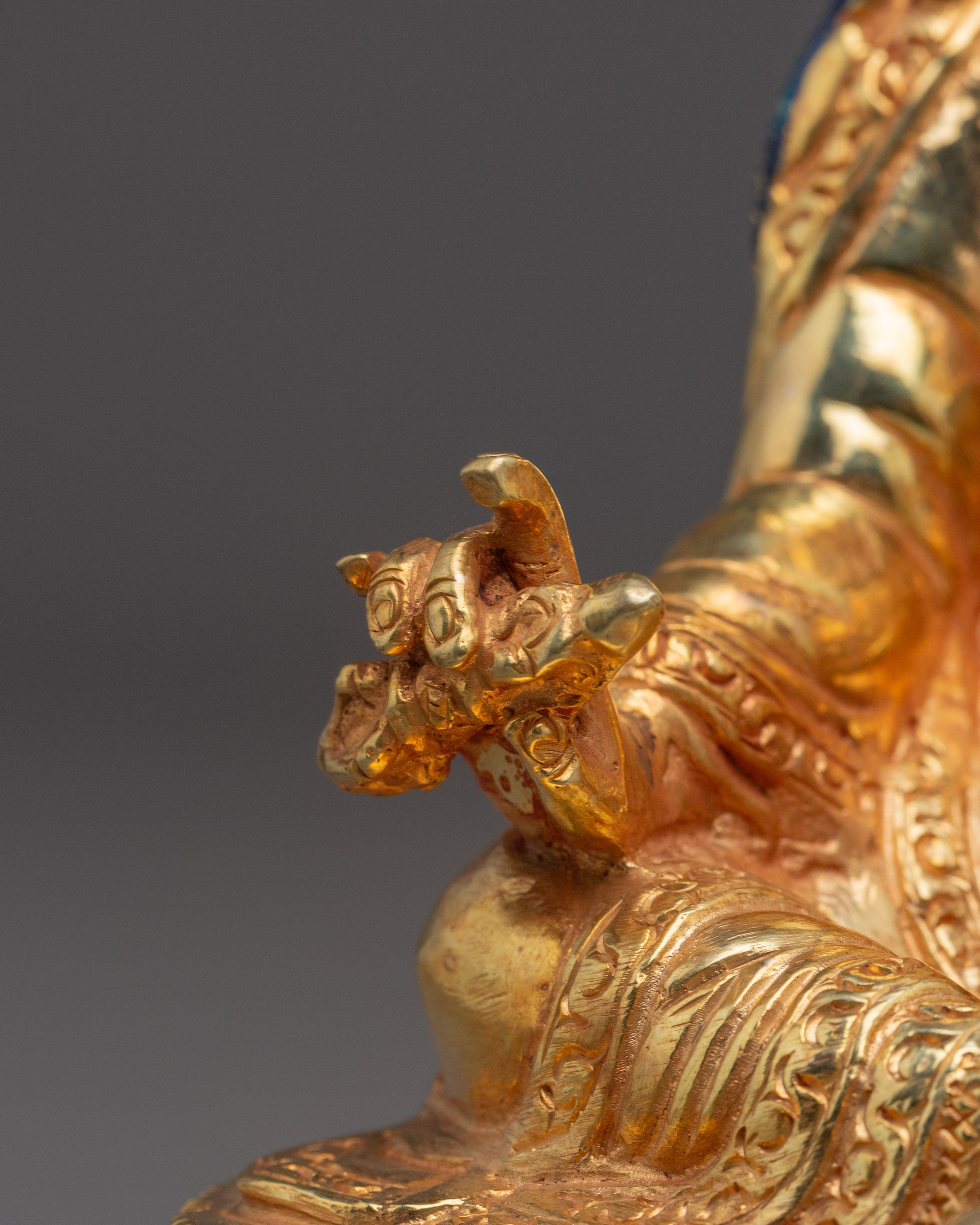 Sacred Padmasambhava Statue | Gold Plated Copper Buddha Sculpture with Coral & Turquoise