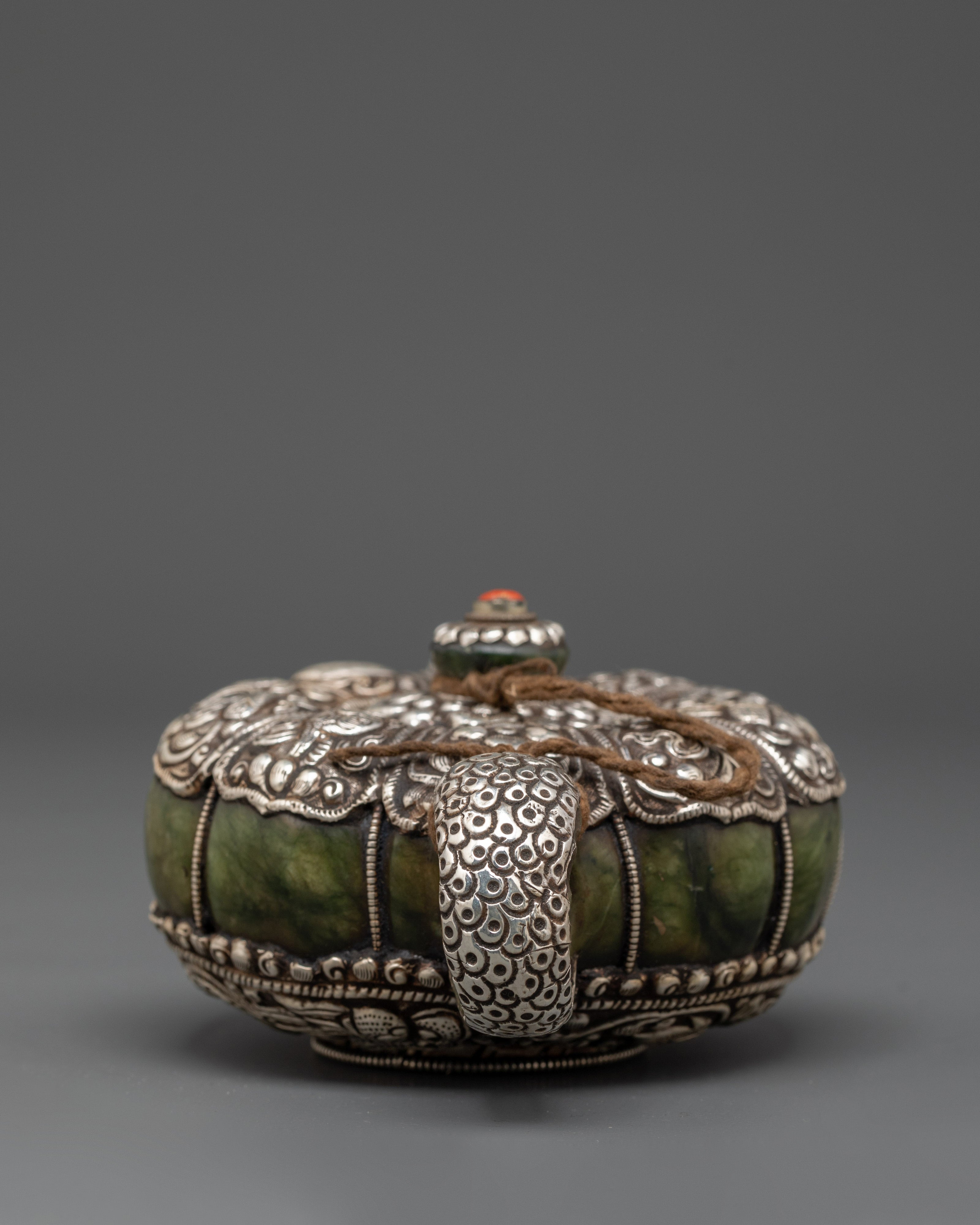Handcrafted Tibetan Teapot & Offering Bowl Set | Green Jade & Silver Tea Set