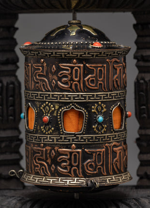 Sacred Tibetan Spinning Mantra Wheel | Copper, Coral, and Turquoise Stones
