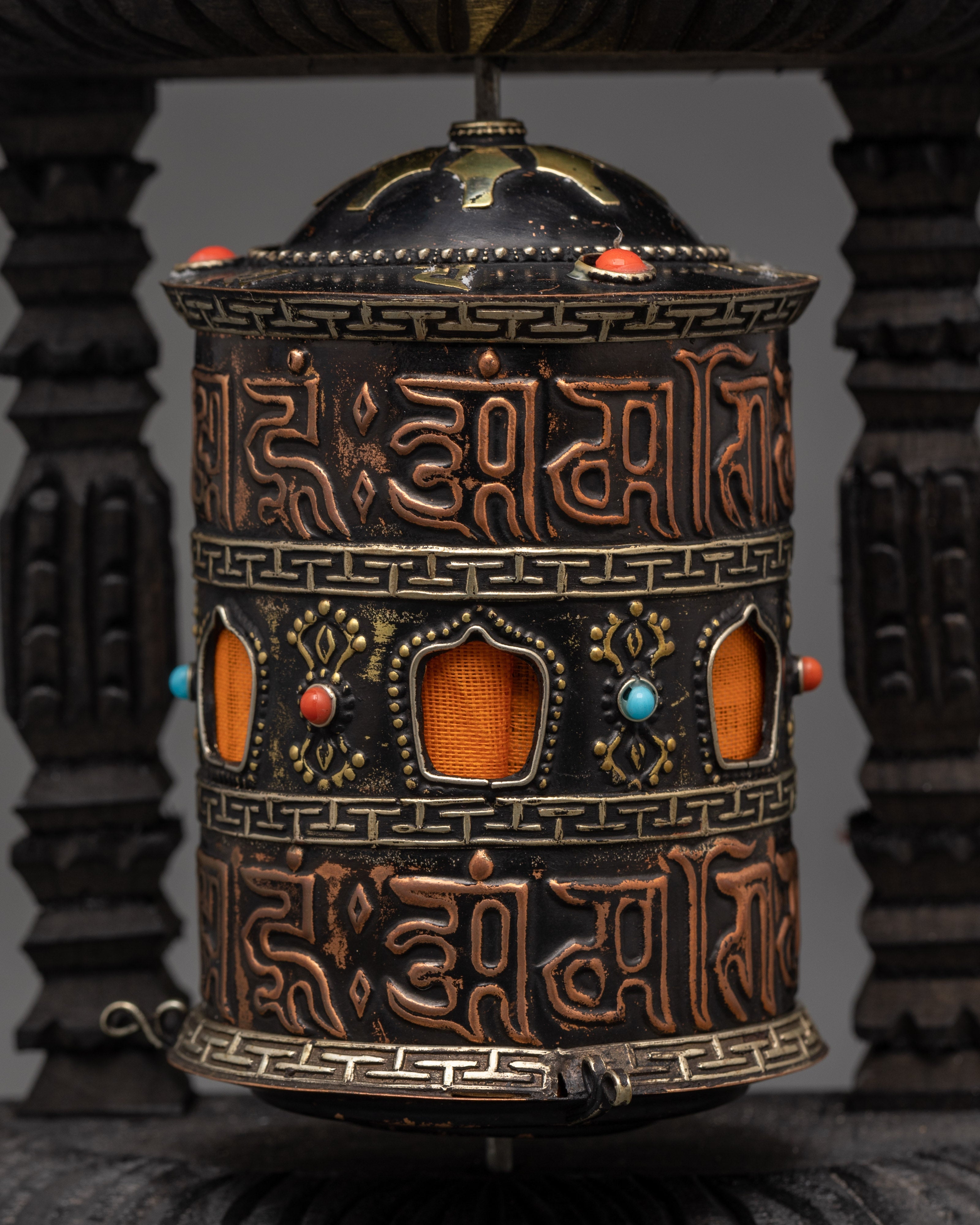 Sacred Tibetan Spinning Mantra Wheel | Copper, Coral, and Turquoise Stones