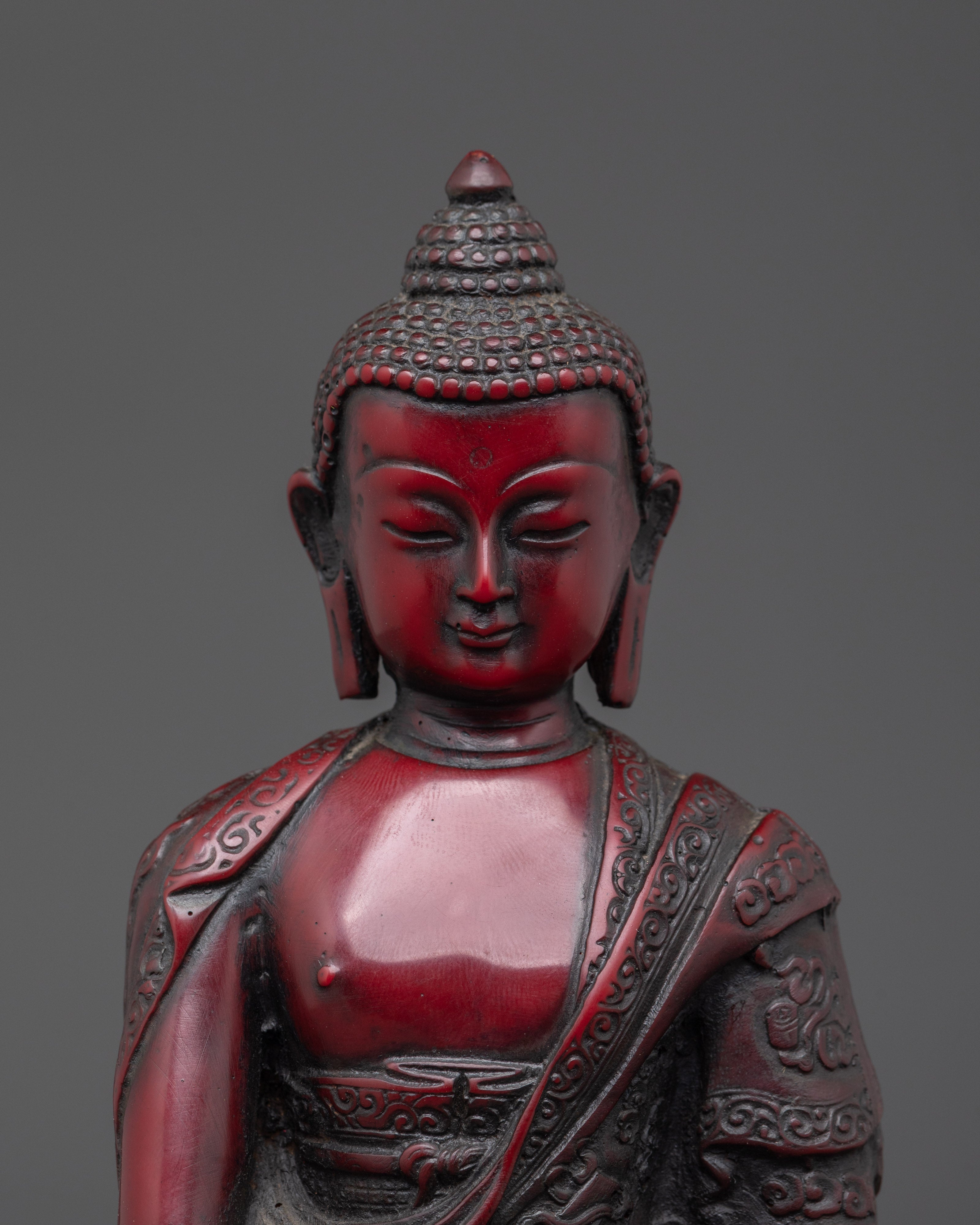 Sacred Shakyamuni Buddha Sculpture | Ceramic Red Buddha Statue for Meditation
