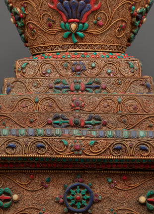 Copper Stupa Tibetan Altar | Reverence and Majesty in 24k Gold-Plated Splendor
