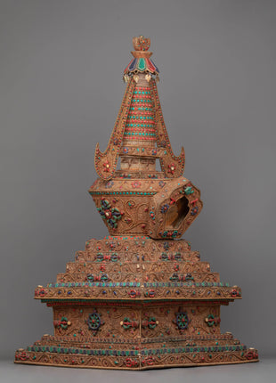 Copper Stupa Tibetan Altar | Reverence and Majesty in 24k Gold-Plated Splendor