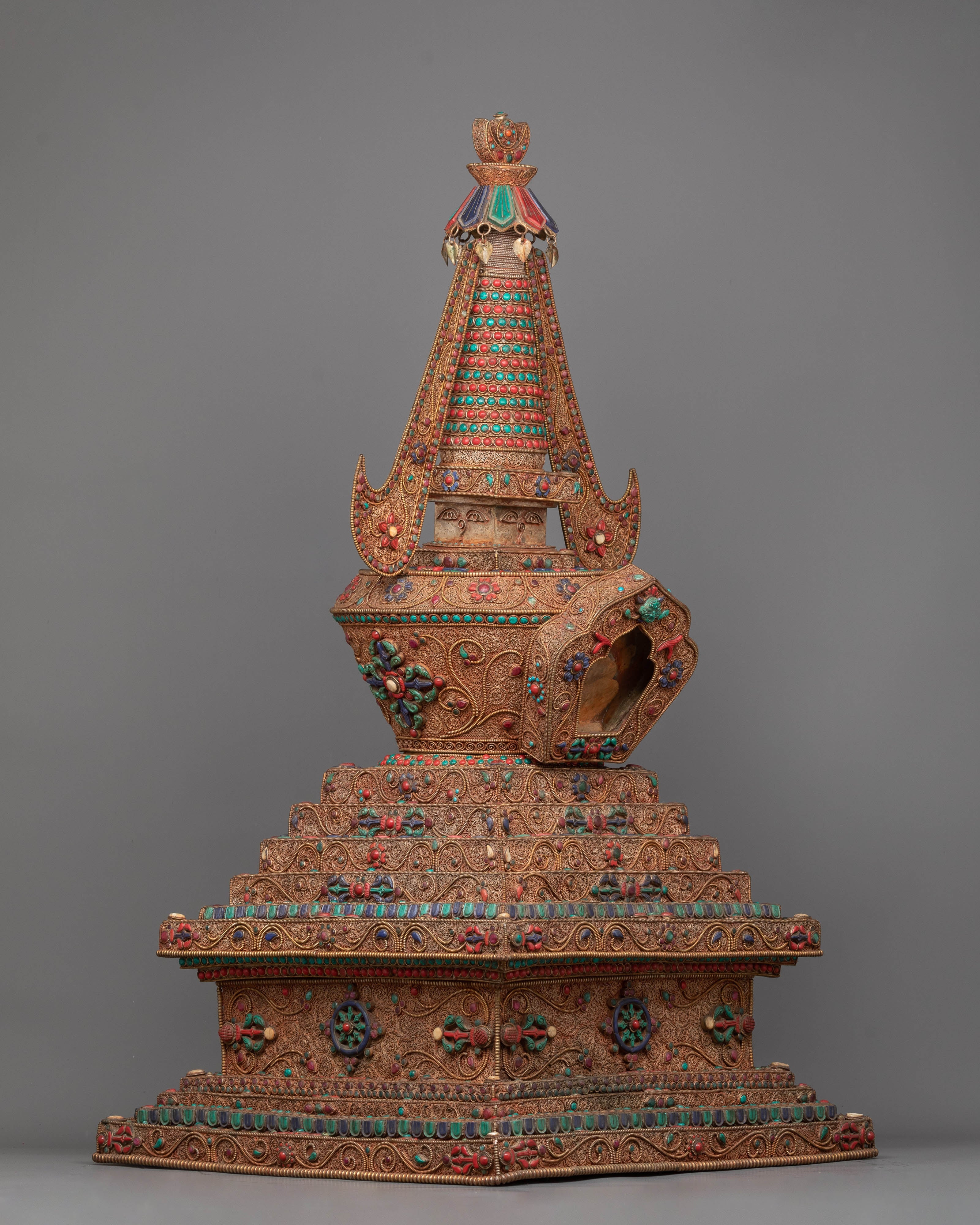 Copper Stupa Tibetan Altar | Reverence and Majesty in 24k Gold-Plated Splendor