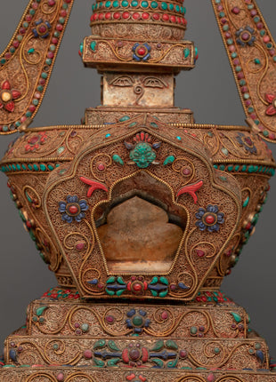 Copper Stupa Tibetan Altar | Reverence and Majesty in 24k Gold-Plated Splendor
