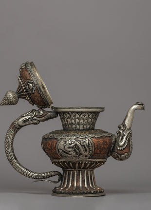 Religious Tibetan Tea Pot | A Sacred Silver-Plated Offering Vessel