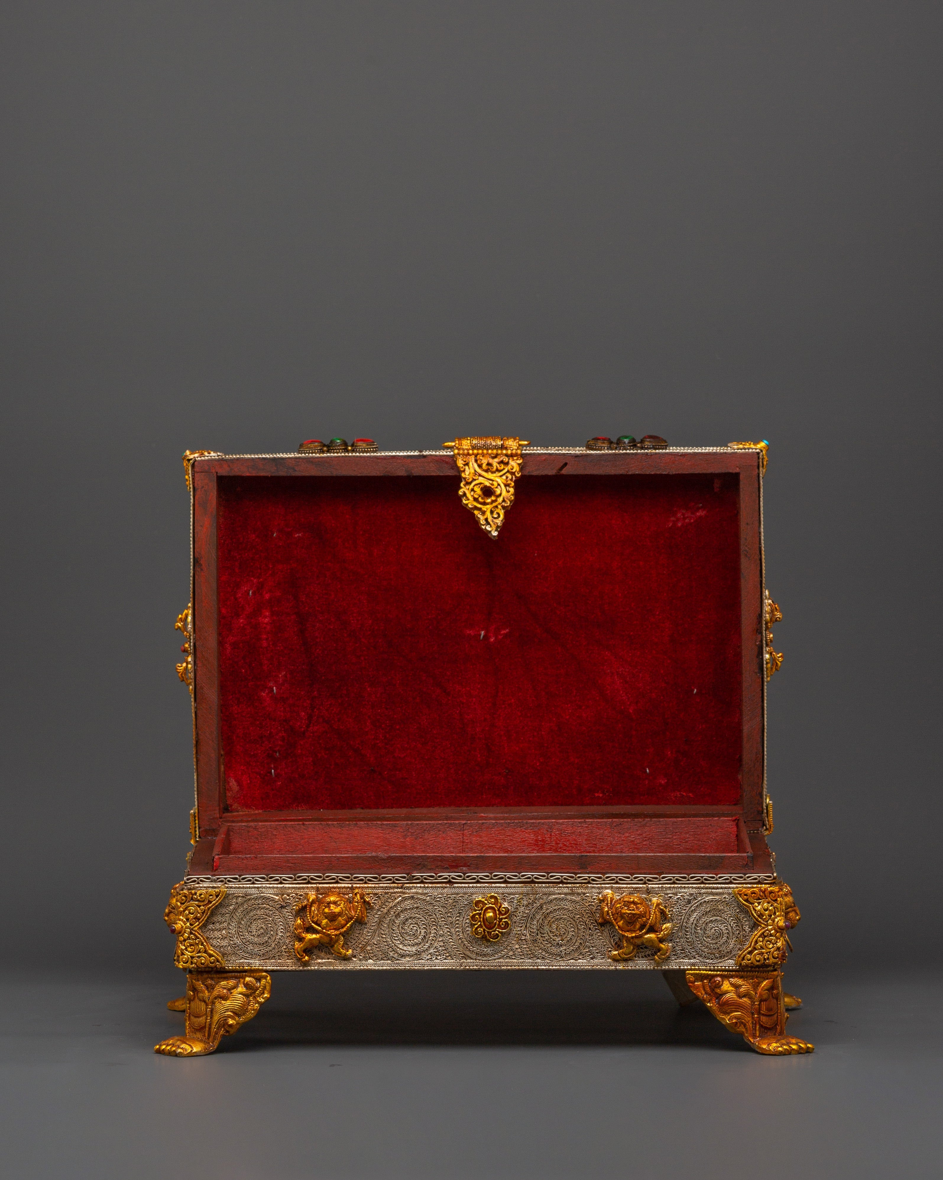 Buddhist Ritual Treasure Box | Silver & Gold Plated Sacred Altar Box