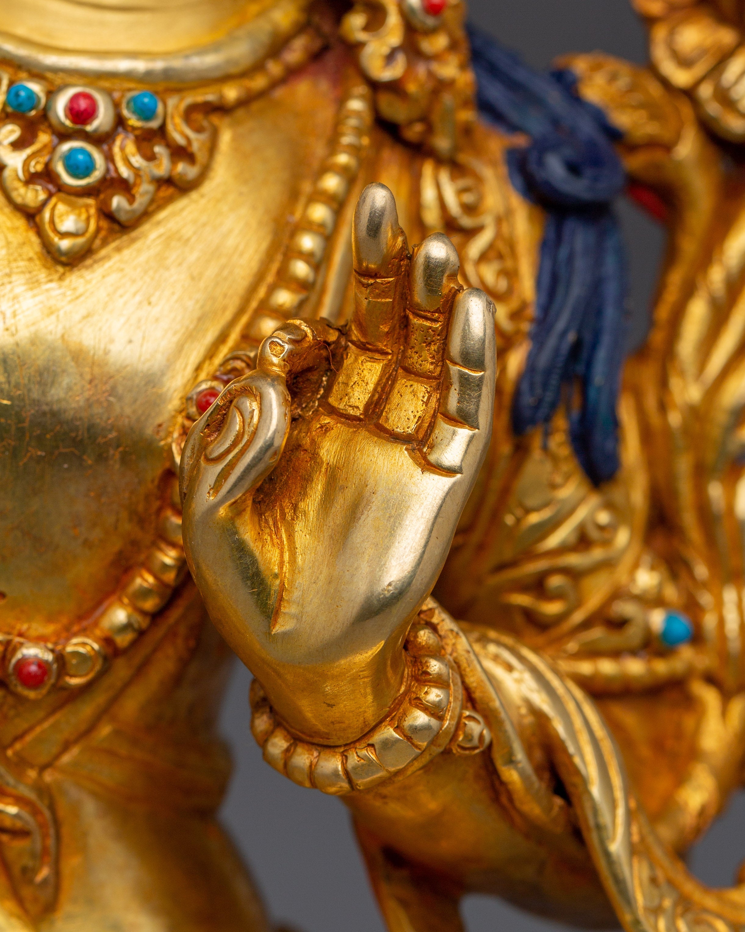Tibetan Gold Gilded Manjushri Statue | Bodhisattva Deity with Gemstones and Copper Body