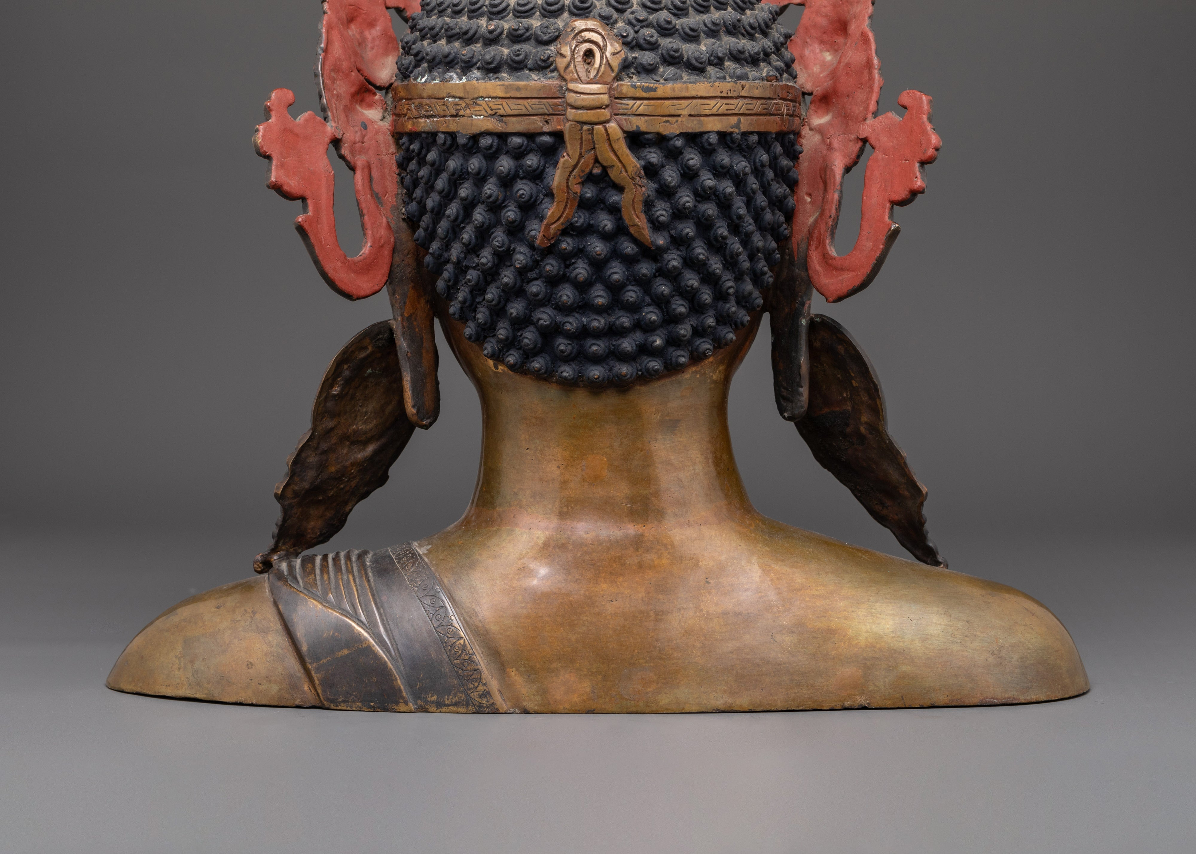 Tibetan Buddha Head Sculpture | Oxidized Copper Bust with Crown & Earrings
