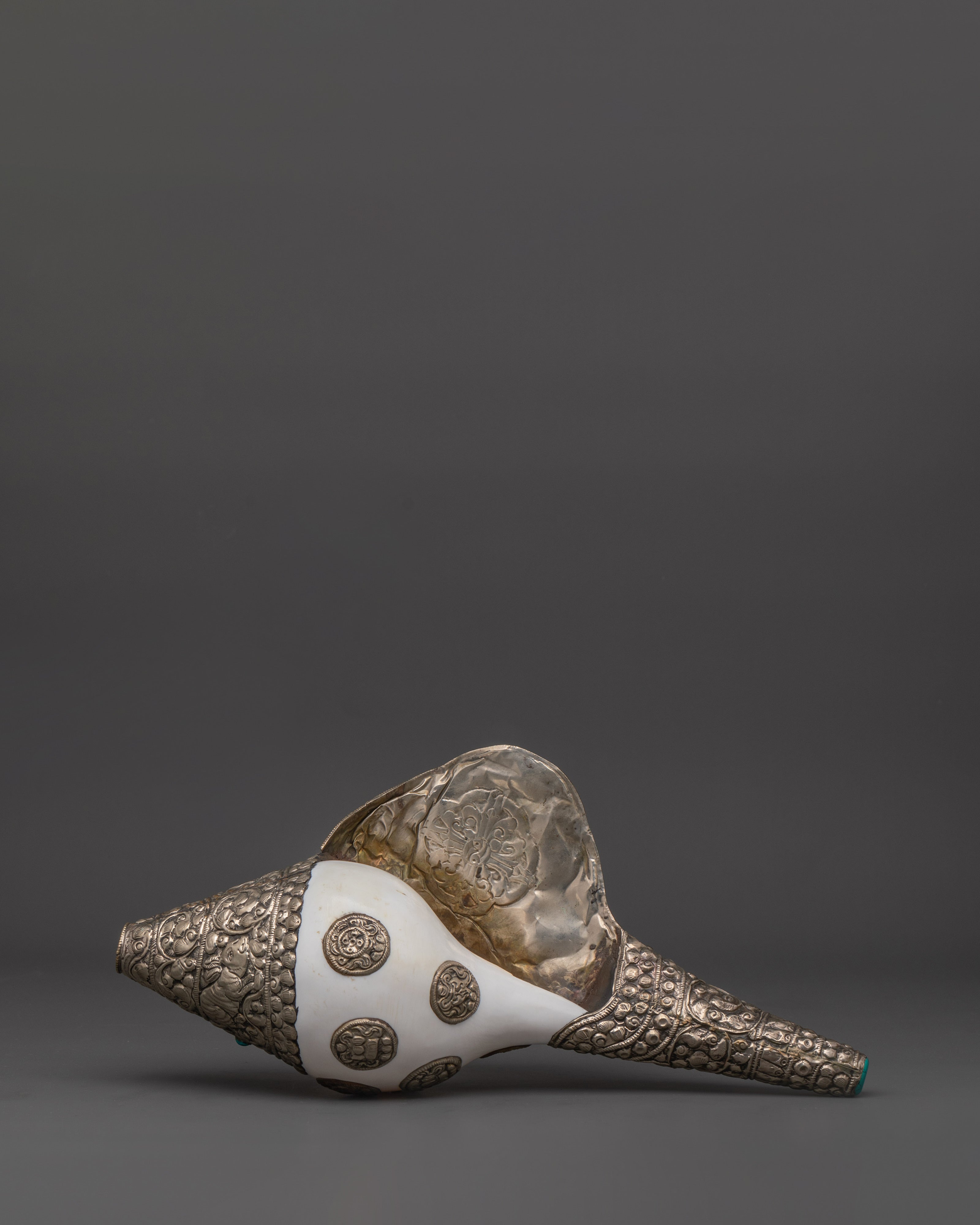 Handcrafted Puja Conch Shell | Tibetan Shankha with Brass and Turquoise Stone
