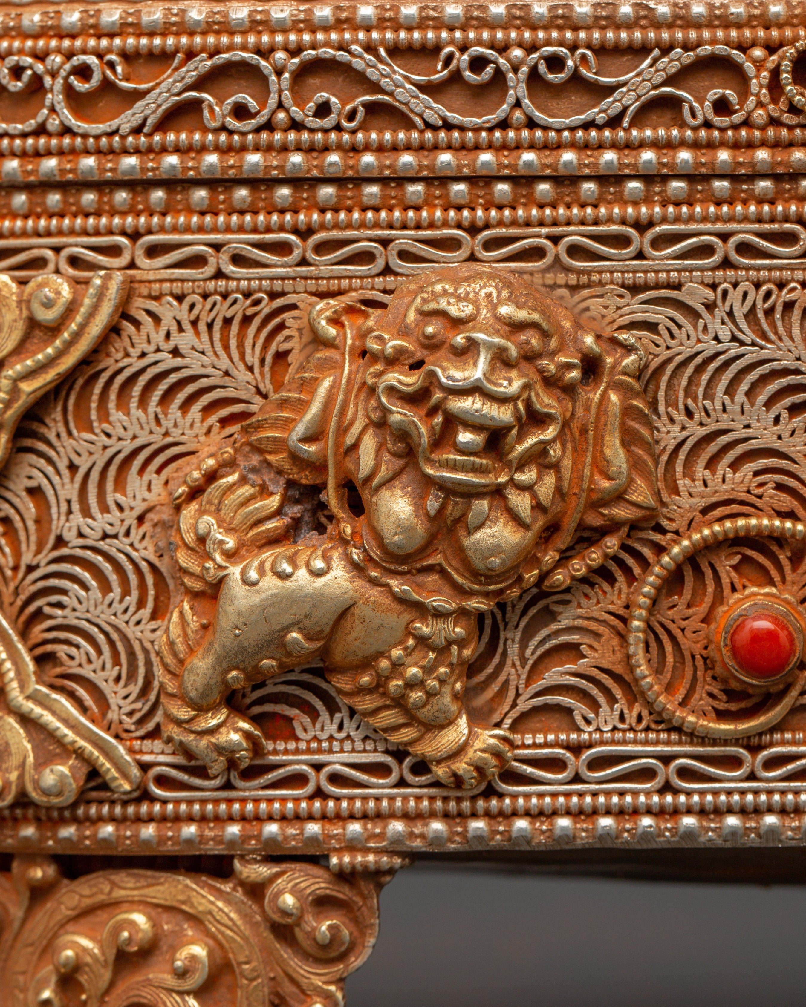 Gold-Plated Copper Tibetan Treasure Box | Coral & Turquoise Stones Inlaid Handcrafted Box