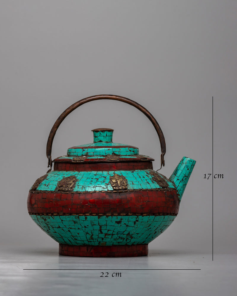 Copper Tea Pot Small | Adorned with Cut Turquoise and Coral Stones for Elegance