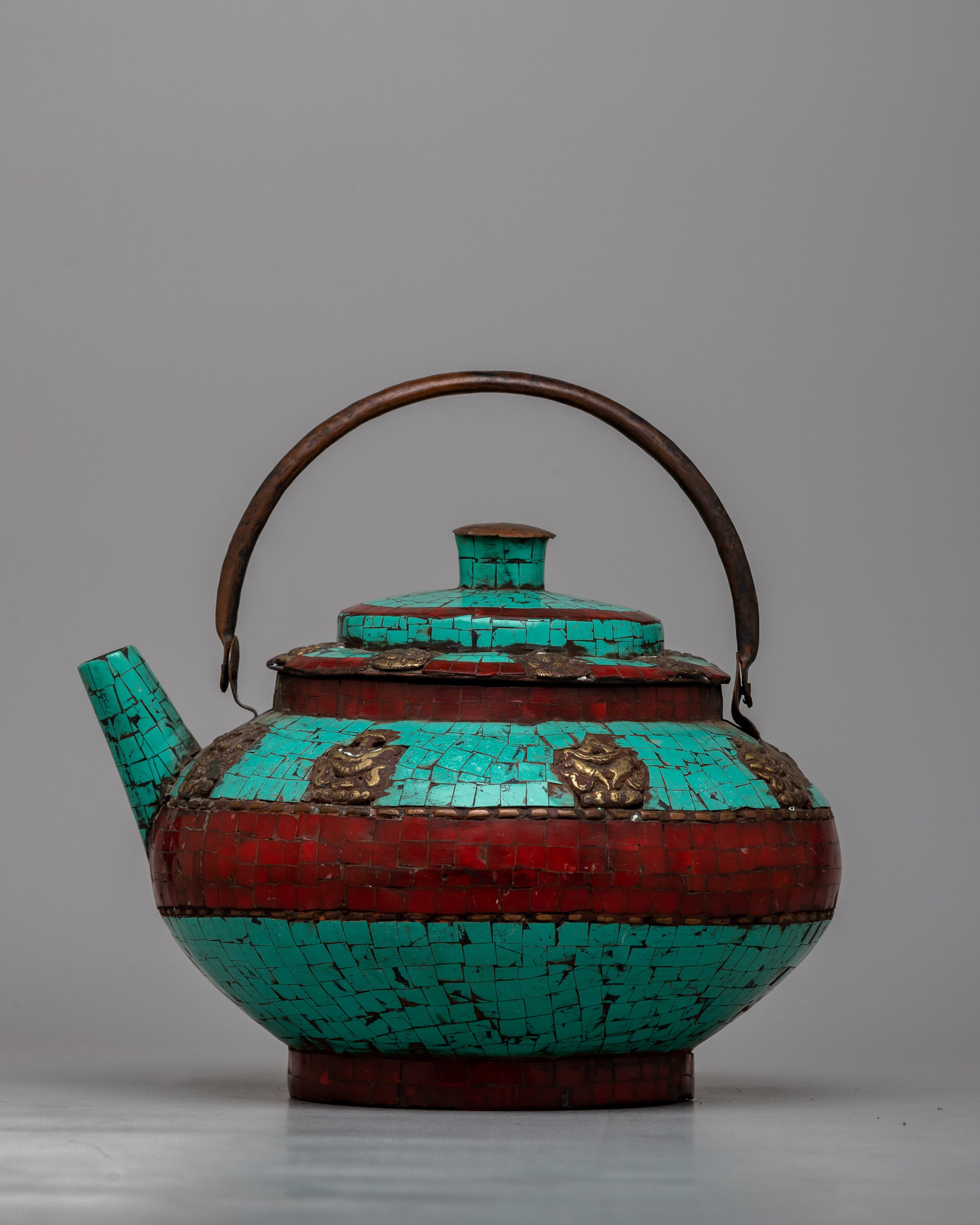 Copper Tea Pot Small | Adorned with Cut Turquoise and Coral Stones for Elegance