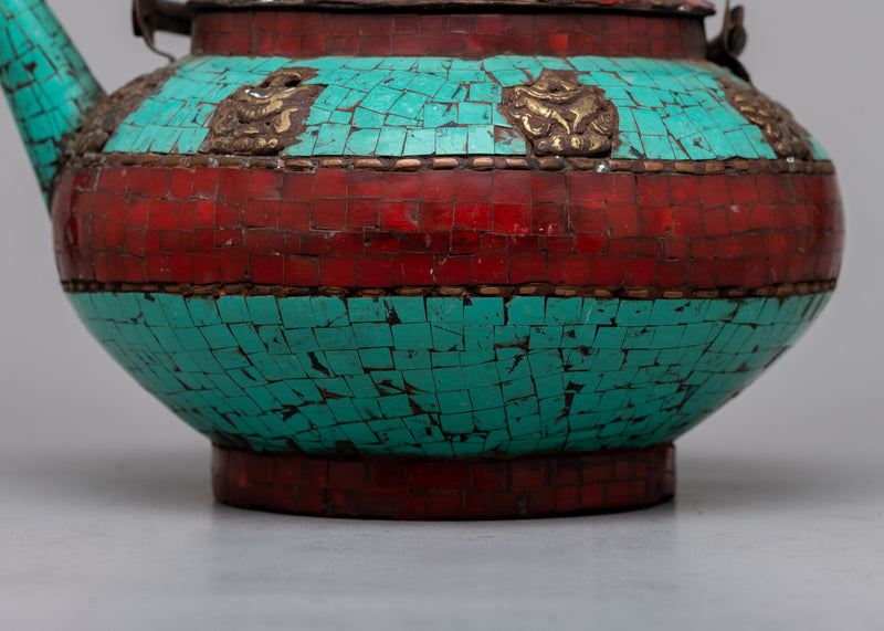 Copper Tea Pot Small | Adorned with Cut Turquoise and Coral Stones for Elegance