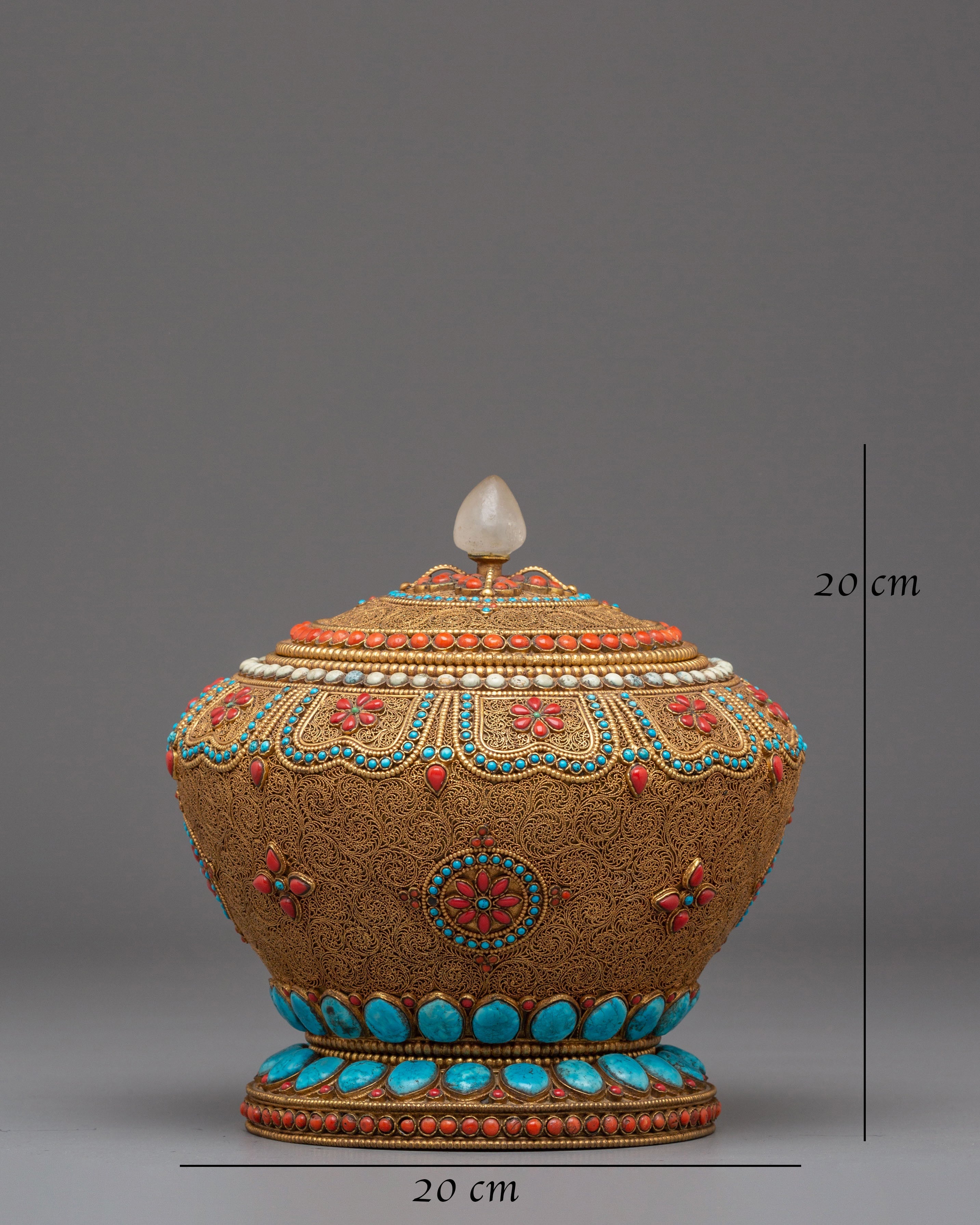 Tibetan Offering Rice Pot | Gold-Plated Copper Pot with Coral & Turquoise