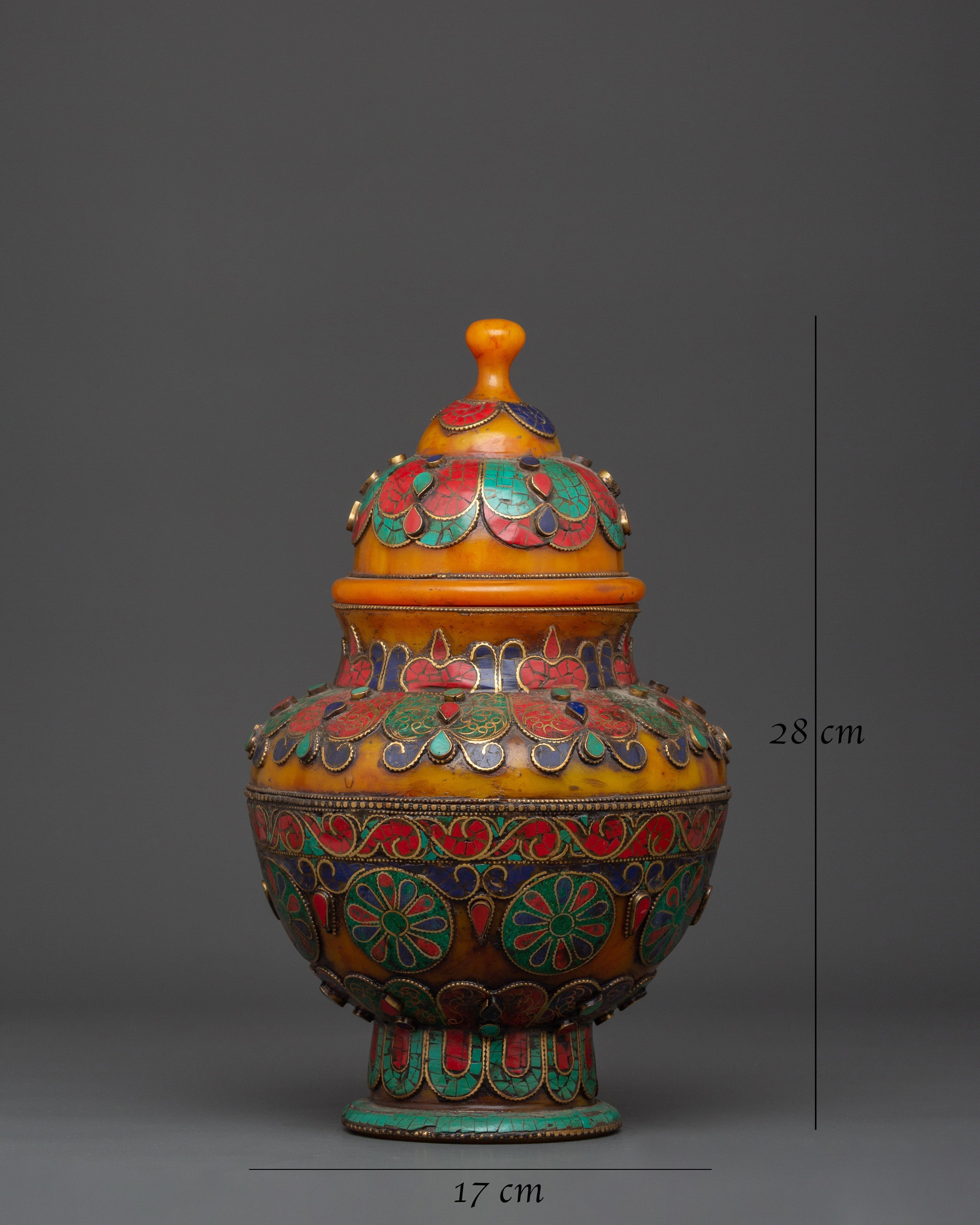 Traditional Himalayan Rice Pot | Handcrafted Brass & Amber Vessel with Turquoise Stone