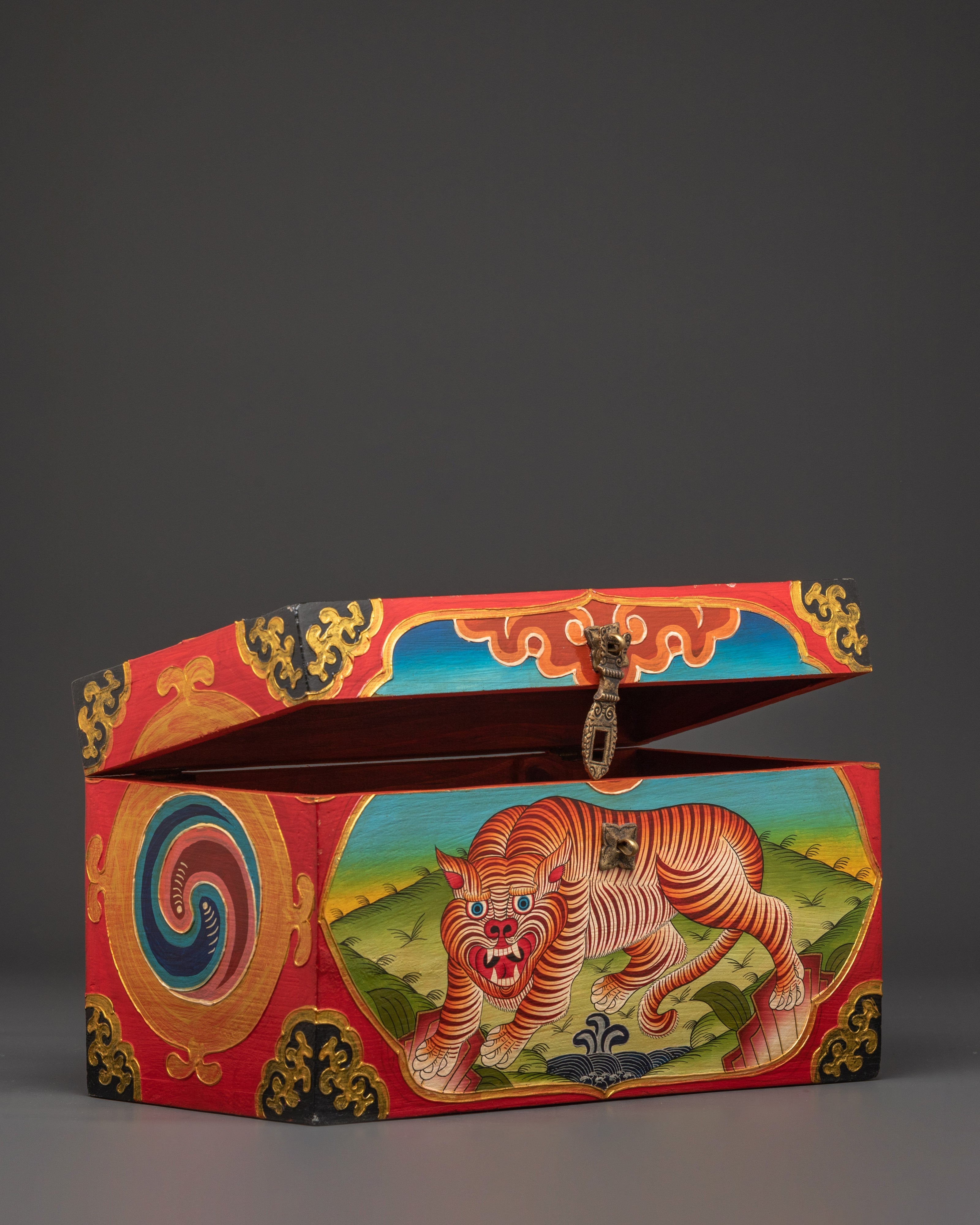 Hand Painted Tibetan Tiger Box | Fierce Jungle Design with Floral and Yin Yang Art