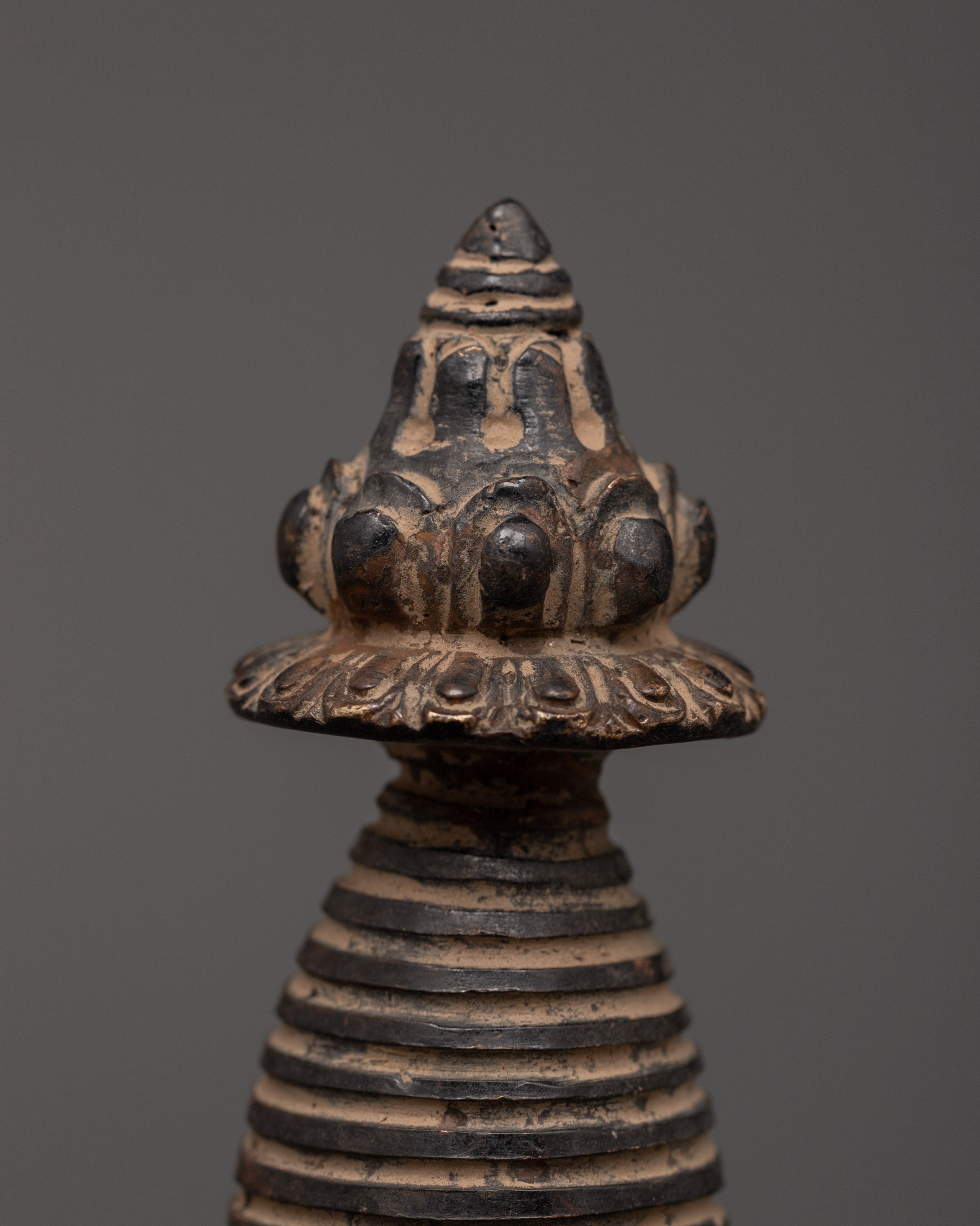 Antique Finish Oxidized Copper Stupa | Tibetan Sacred Sculpture