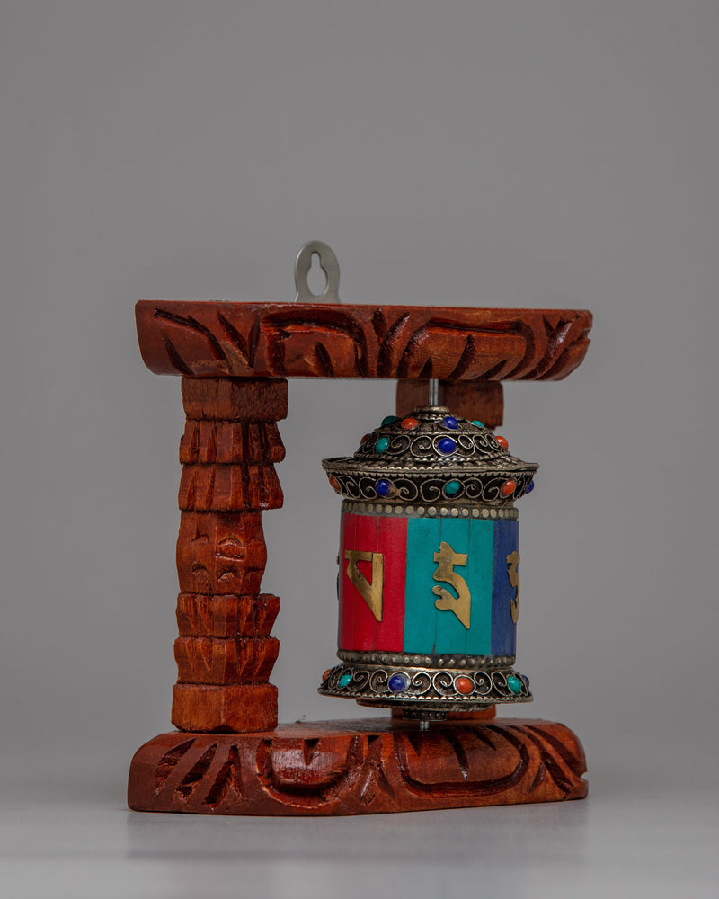 Tibetan Copper Prayer Wheel | Encased in a Wooden Frame for Traditional Elegance