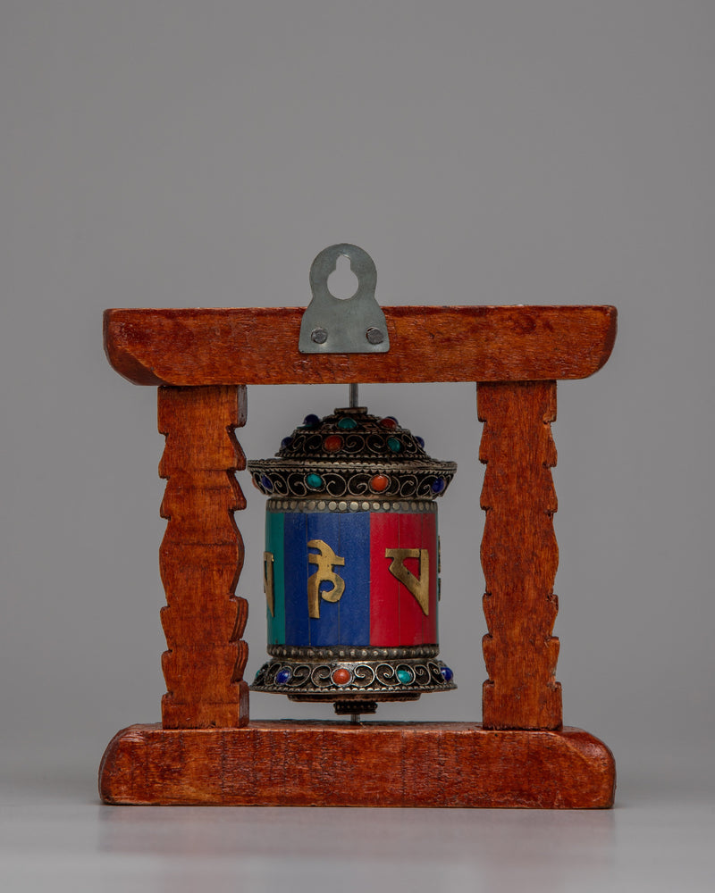 Tibetan Copper Prayer Wheel | Encased in a Wooden Frame for Traditional Elegance