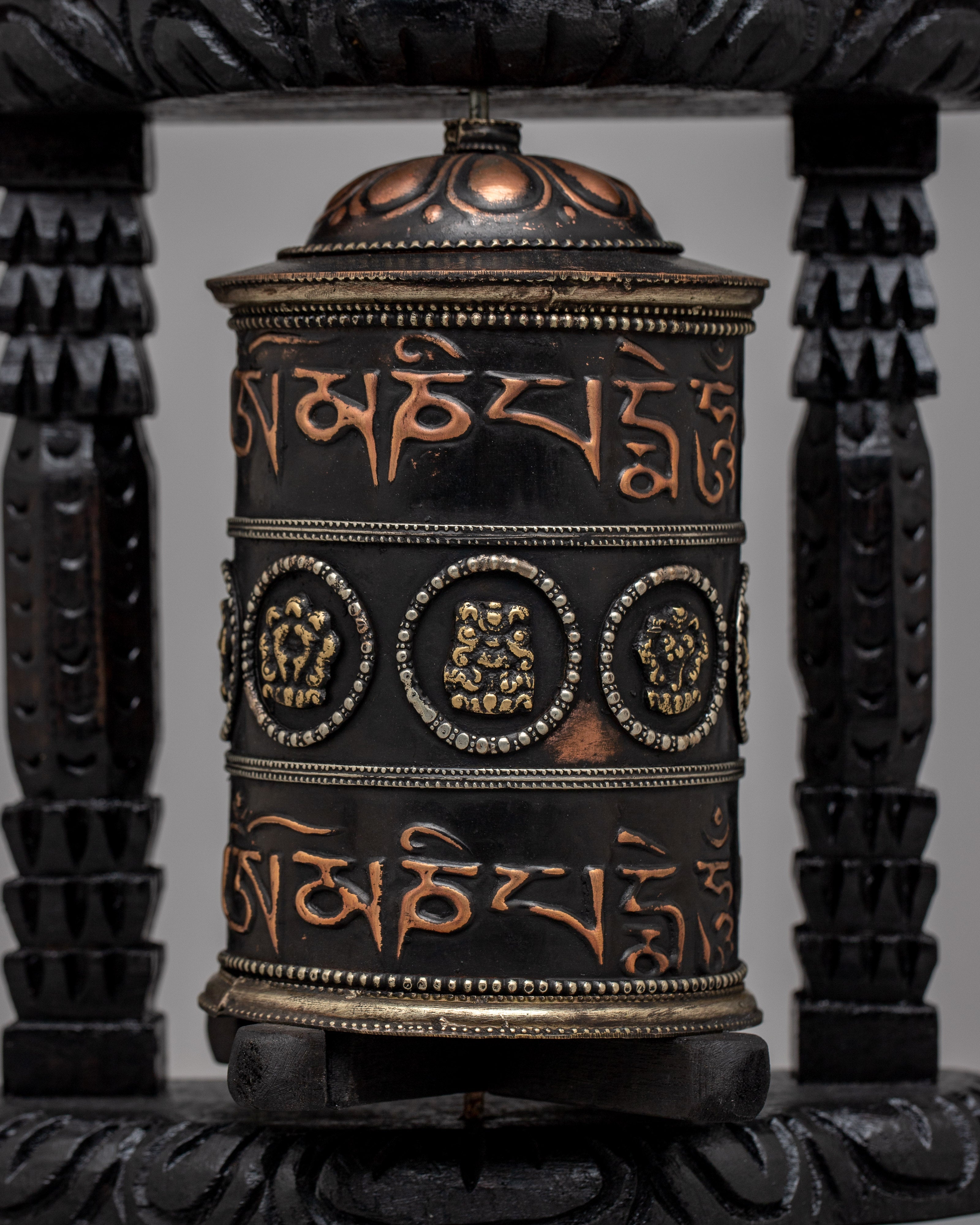 Buddhist Prayer Wheel Mantra Carved with Wooden Frame - Evamratna