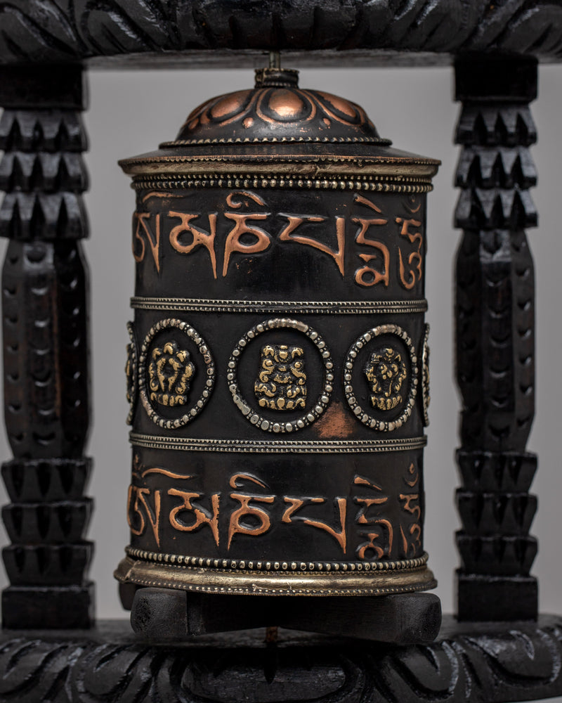 Buddhist Prayer Wheel Mantra Carved with Wooden Frame - Evamratna