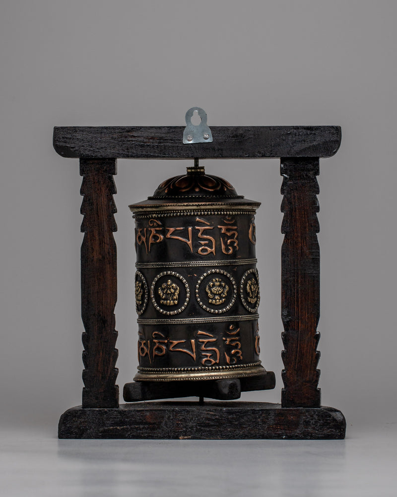 Buddhist Prayer Wheel Mantra Carved with Wooden Frame - Evamratna