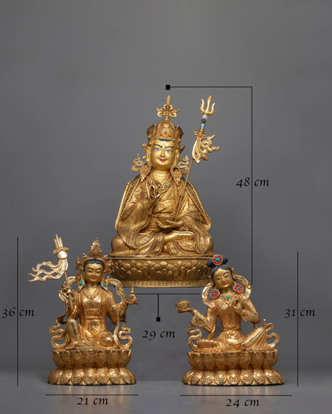Guru Rinpoche and Two Disciples Statue | Serene Presence in Gleaming Copper
