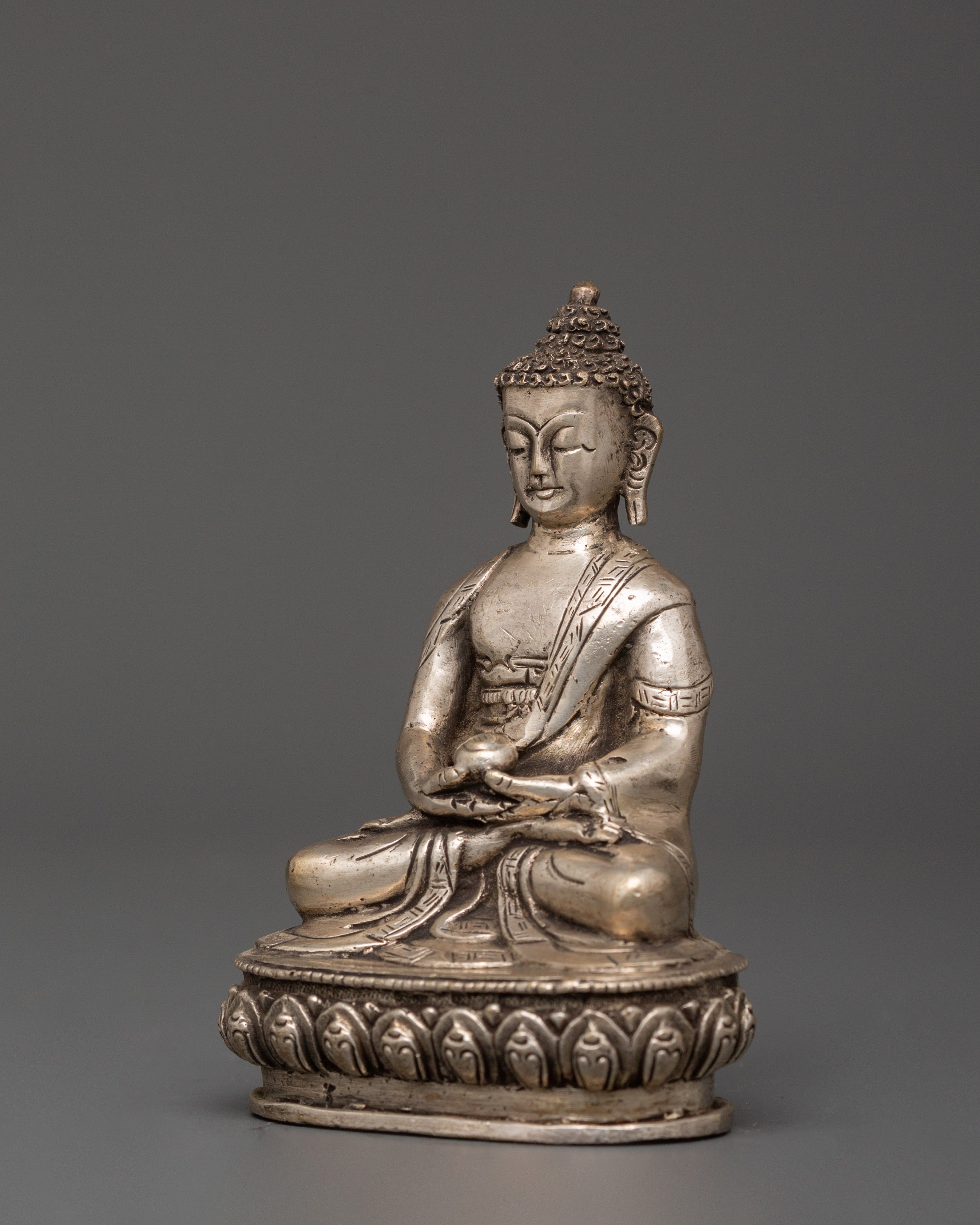 Tibetan Enlightenment Deity Amitabha Buddha Statue | Silver-Plated Copper Sculpture
