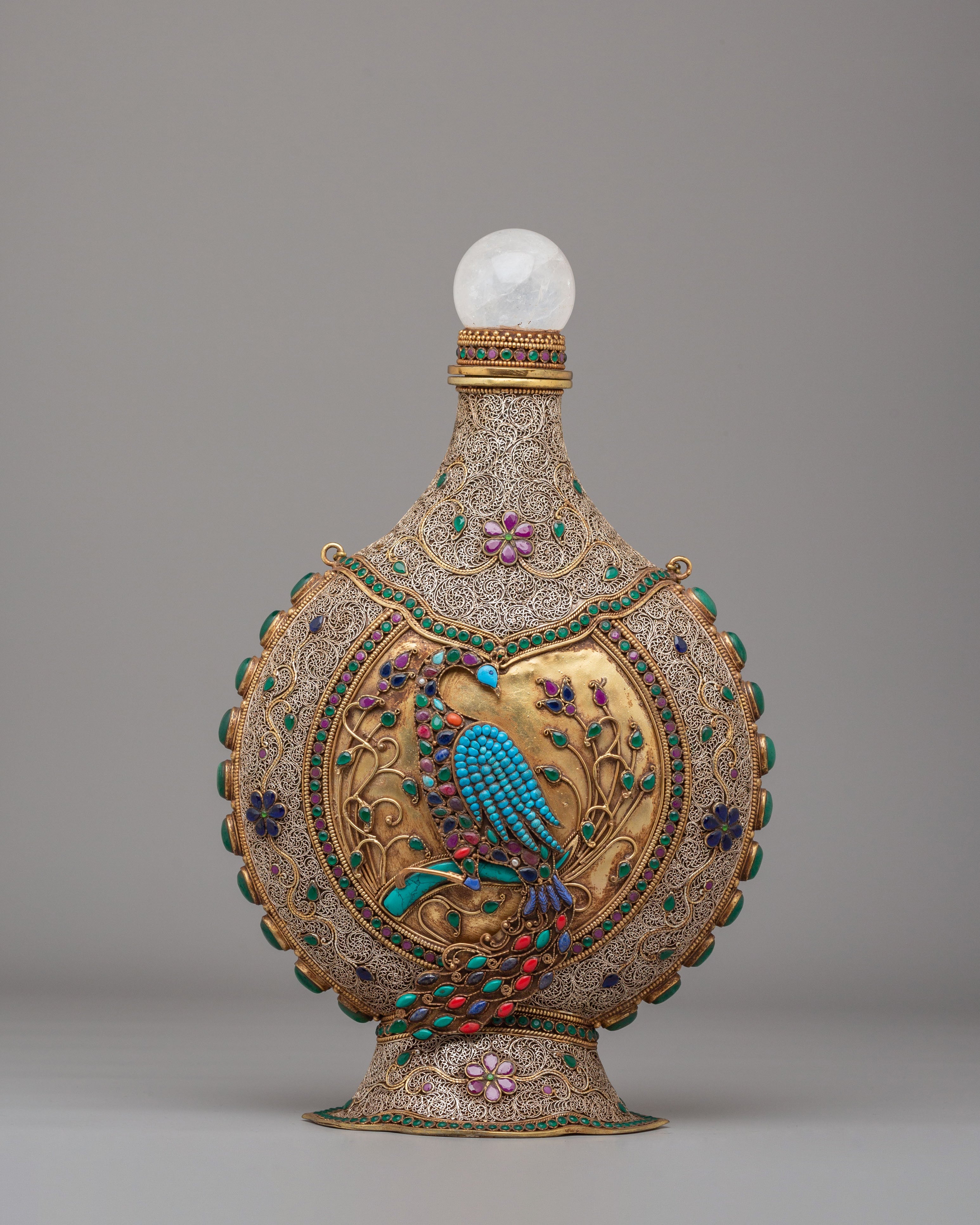 Handcrafted Snuffpot With Peacock Design | Copper Silver Artwork