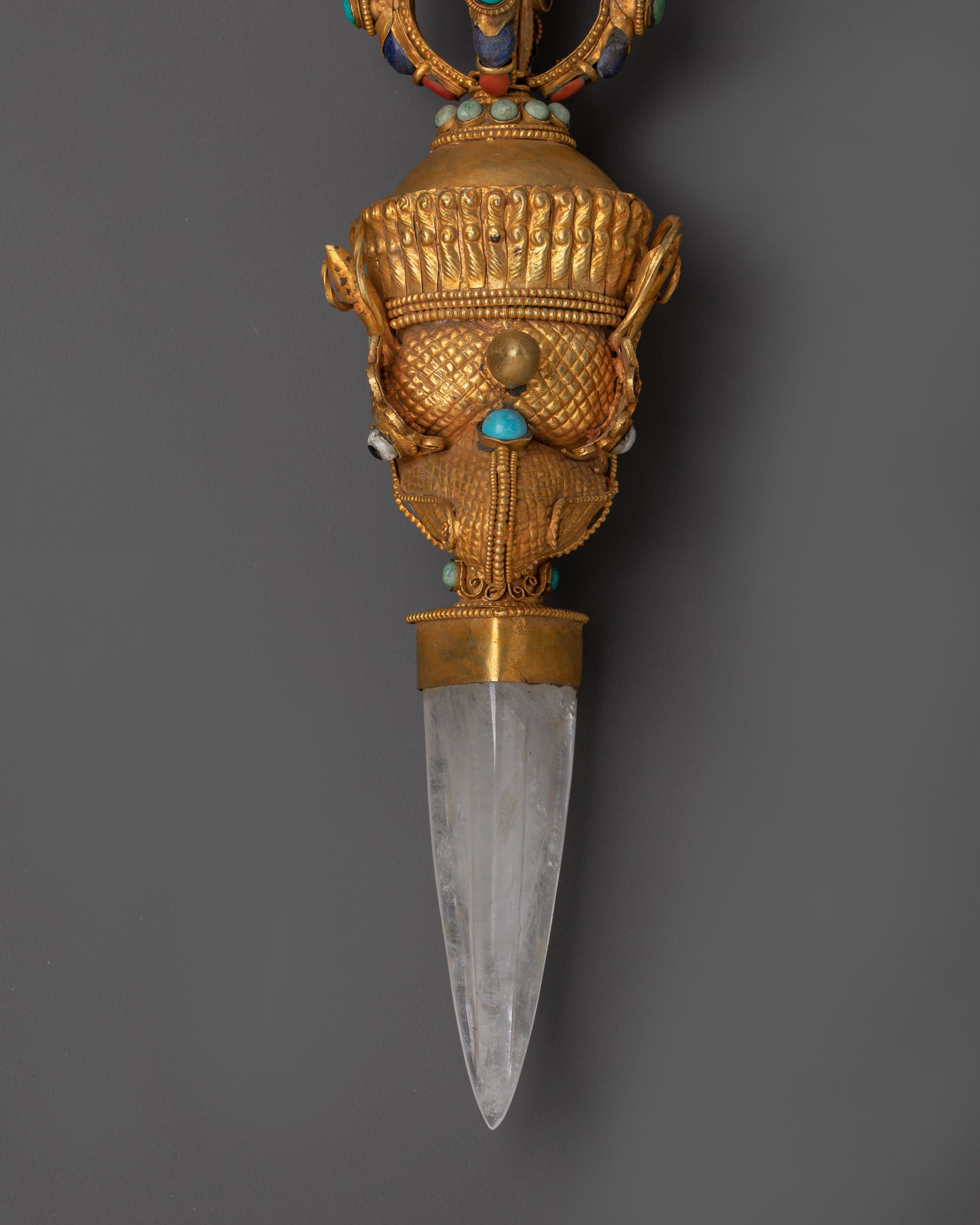 Buddhist Three Sided Phurba | Gold-Plated Ritual Dagger with Crystal and Turquoise