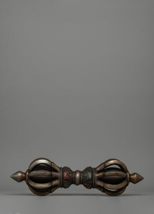 Iron Vajra with a Wooden Base and Turquoise Coral Inlays | Acrylic Painted Base